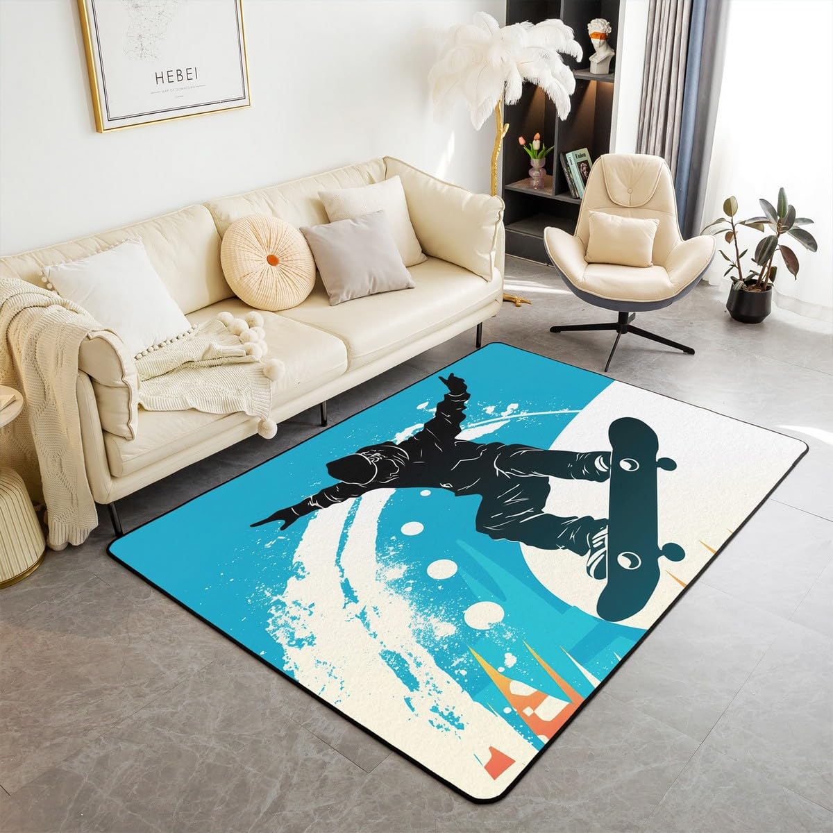 Erosebridal Skateboard Area Rug 3x5 for Bedroom,Graffiti Skateboarding Man Carpet for Living Room,Sports Lover Skater Decorative Rug,Sports Game