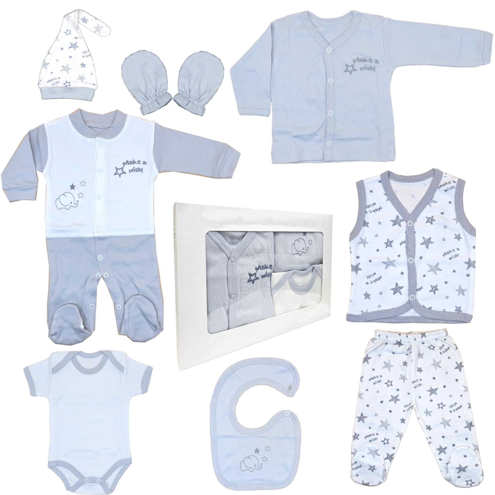 Blue Eyes Newborn Baby Gift Set, 100% Natural Cotton, First Equipment, Unisex Clothing Gift Set, Baby Equipment for Babies, 0-4 Months, 8 Pieces (Star Grey)