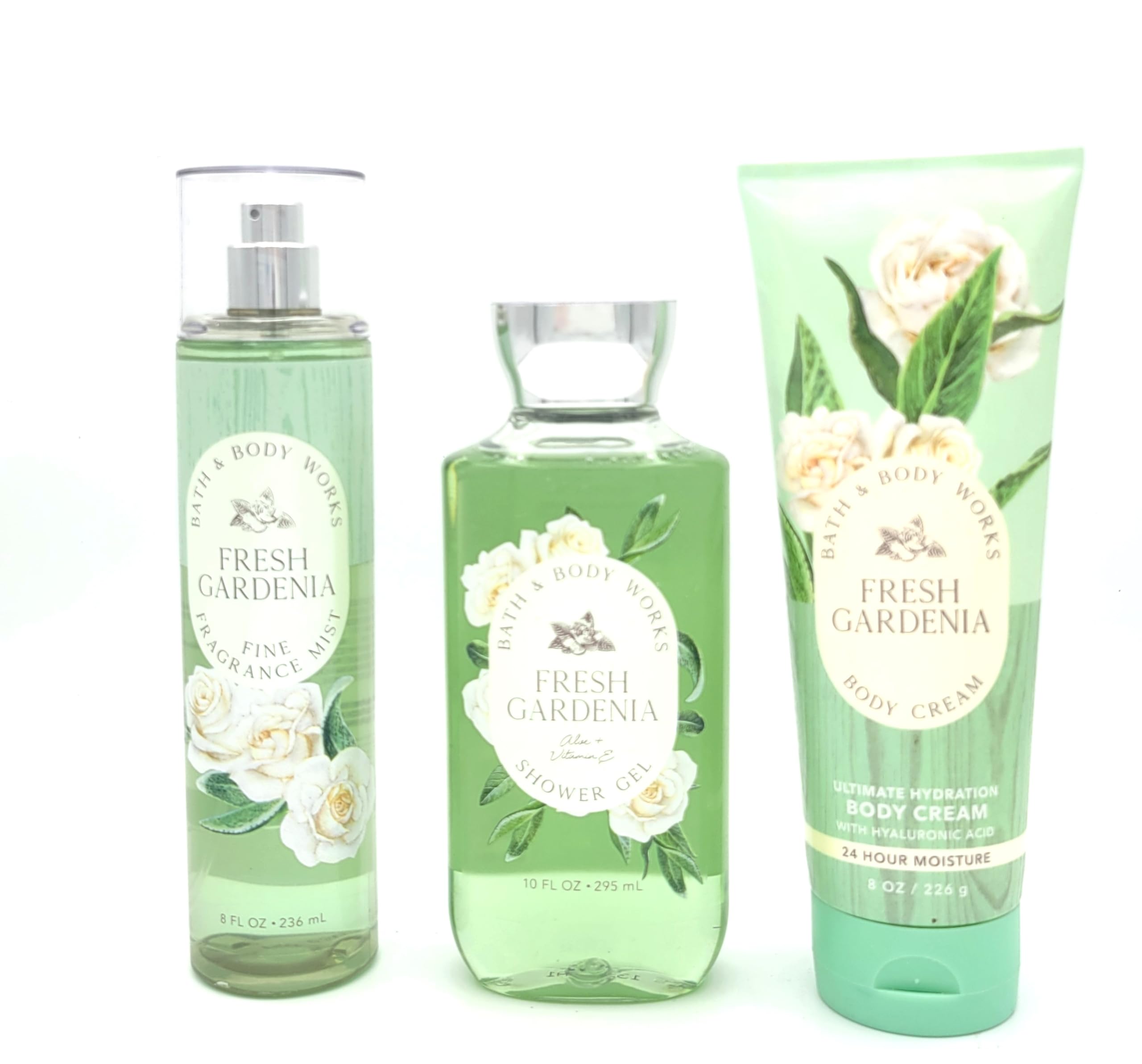 Fresh Gardenia Bath and Body 3 pc- Bundle Set Body Cream, Shower Gel, Fine Fragrance, 24 Hour Moisture, 8 oz, 10 fl oz, 8.5 fl oz