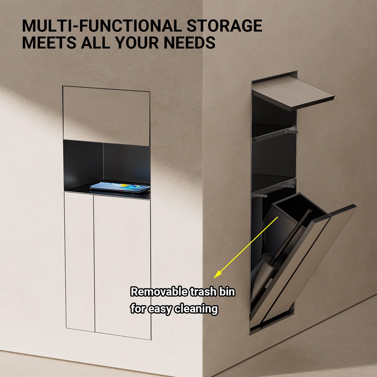 Nicho Empotrado, Portarrollos con Papelera Oculta & Estante 304 Acero INOX