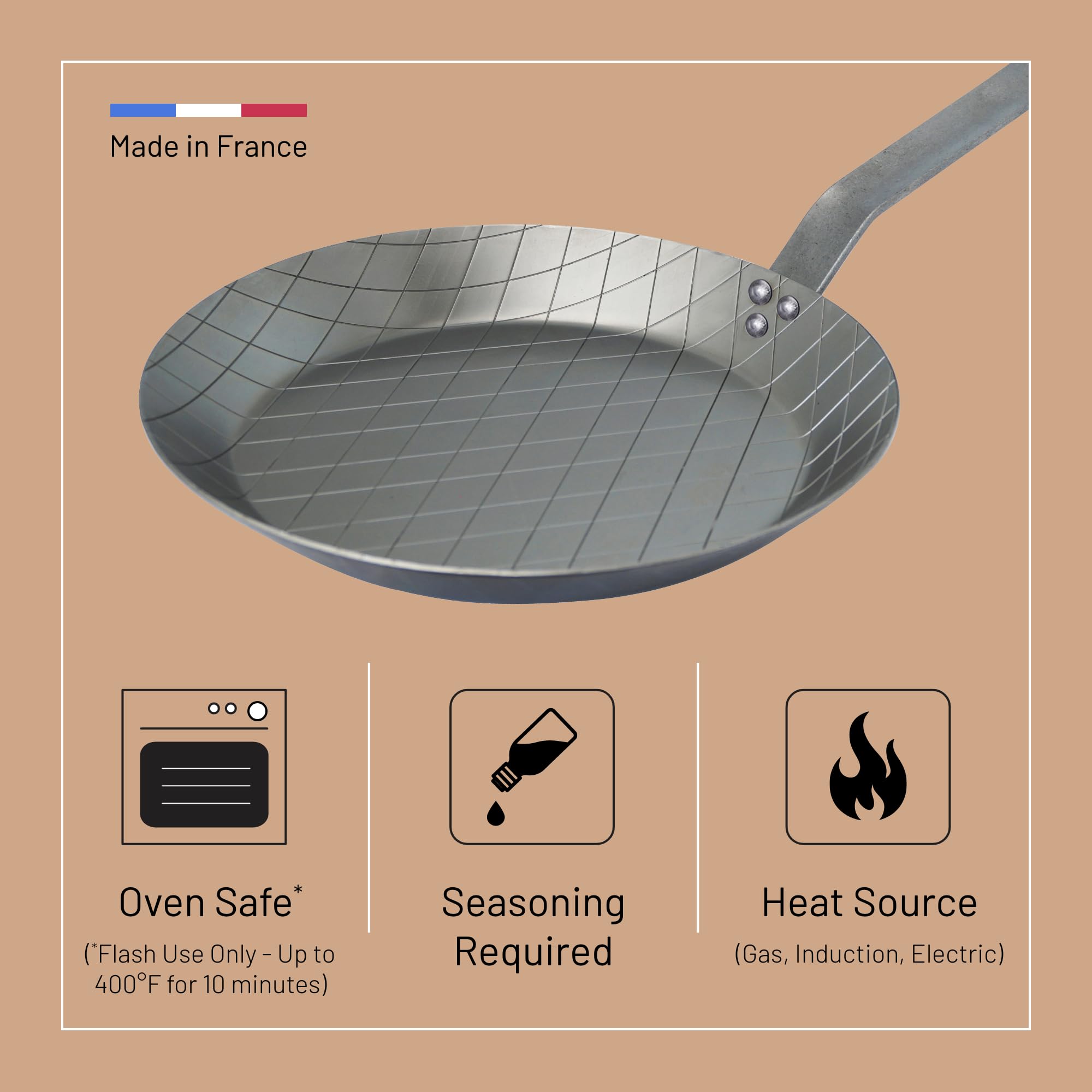 De Buyer - Poêle à steak en tôle d'acier MINERAL B - 28 cm - Fabriquée en France, Anti Adhérence Naturelle, Queue Rivetée et Finition à la Cire d'Abeille, Tous Feux + Flash Four