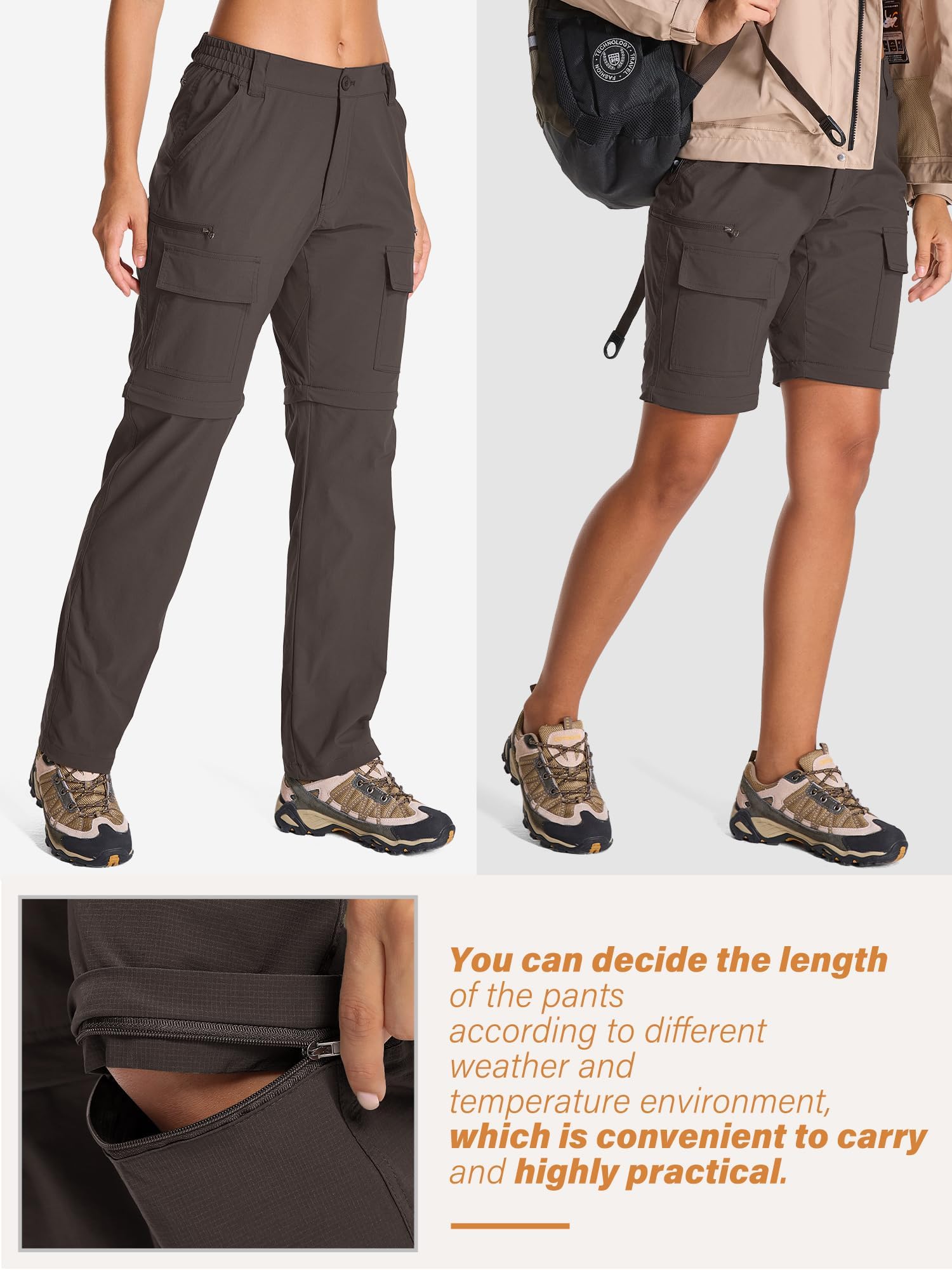 Jessie Kidden Pantalon cargo de randonnée convertible léger à séchage rapide UPF 50+ fermeture éclair pour femme