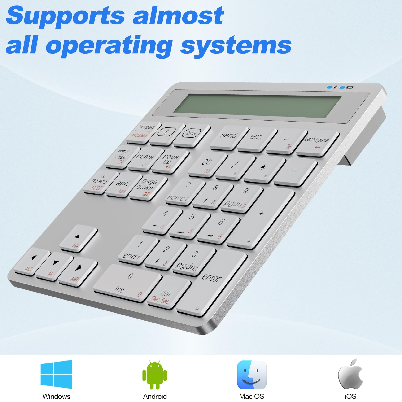 Teclado Numérico Inalámbrico 2.4G, Portátil Teclado Numerico Bluetooth 34 Teclas con Calculadora de Pantalla, Ergonómico Numpad Delgado e Inalámbrico para Computadora Portátil, PC, MacBook, iMac