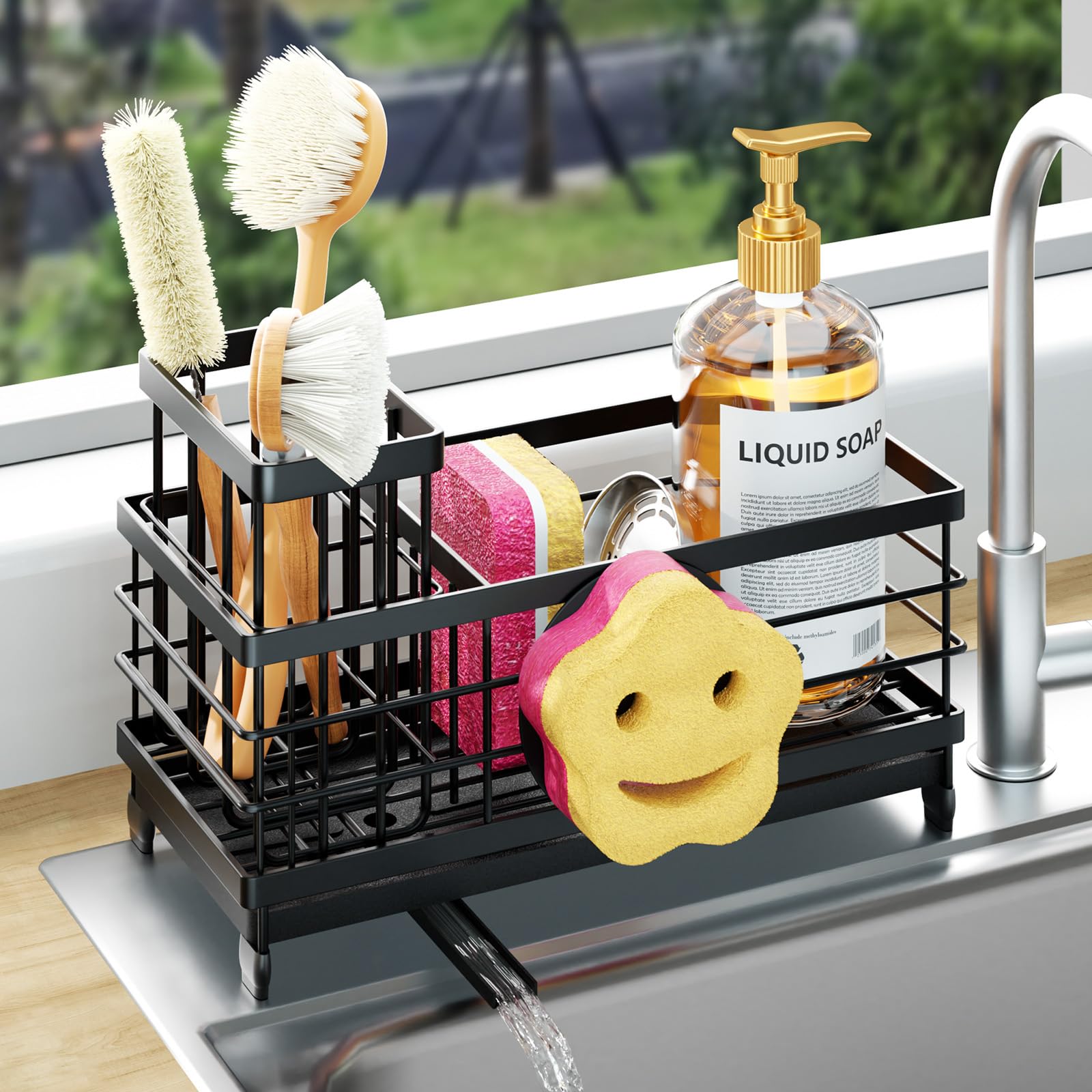 HapiRm Sponge Holder for Kitchen Sink - Self-draining Sink Caddy with Smiley Face and Brush Holder Stainless Steel