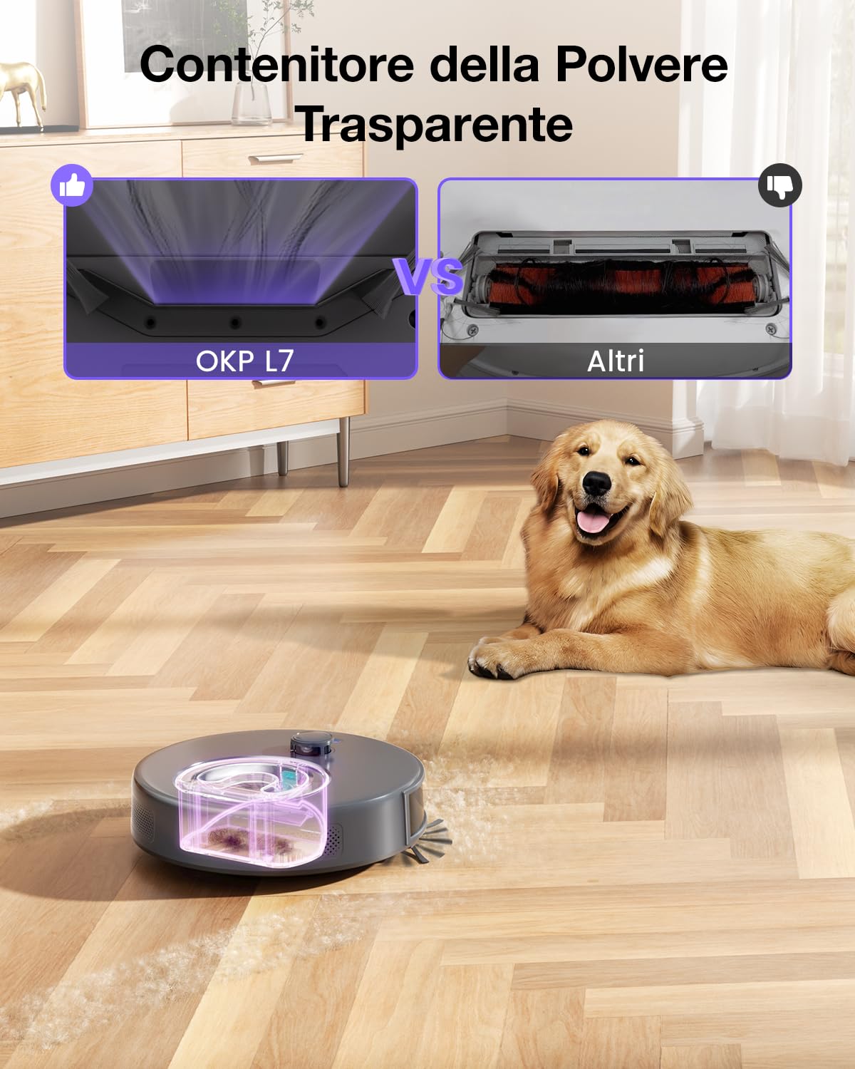 OKP L7 Robot Aspirapolvere, LiDAR DToF con Mappatura Intelligente, 6000Pa, 150 Minuti, Design Compatto, App/WiFi, Zone No-Go, Ideale per Peli di Animali, Pavimenti Duri e Tappeti