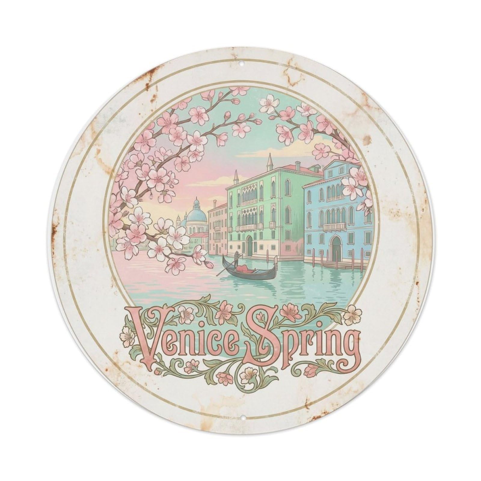 Italian Venice Blossom Waterway Spring Travel Heritage Metal Tin Sign Plaque Wall Decor for Cafe, Man Cave, Club Bar, Office, Home Garden Round Metal Poster 8x8Inch