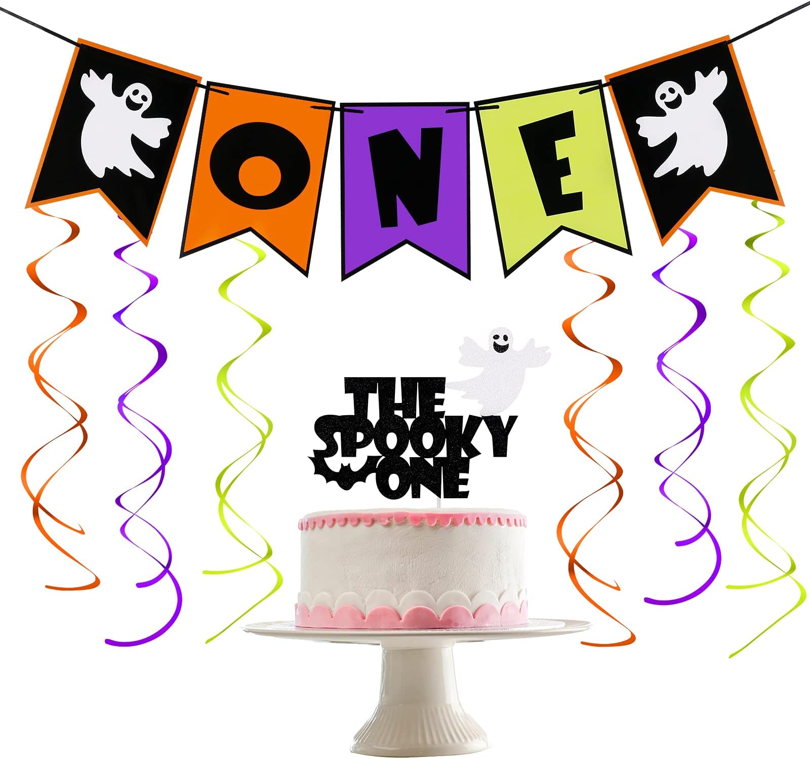 Halloween One Banner Hanging Swirls and Glitter The Spooky One Cake Topper- Spooky One Birthday Decorations,1st Birthday Halloween,The Spooky One Birthday Decorations,Halloween Decorations for 1st Birthday