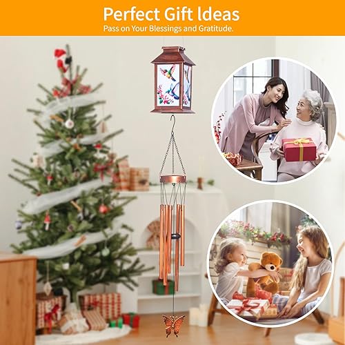 Vista 28 de JOBOSI Red Cap Green Colibrí Carillones de viento Regalos para mamá Carillones de viento Solares Colibríes Campanas de viento Brillantes Decoración