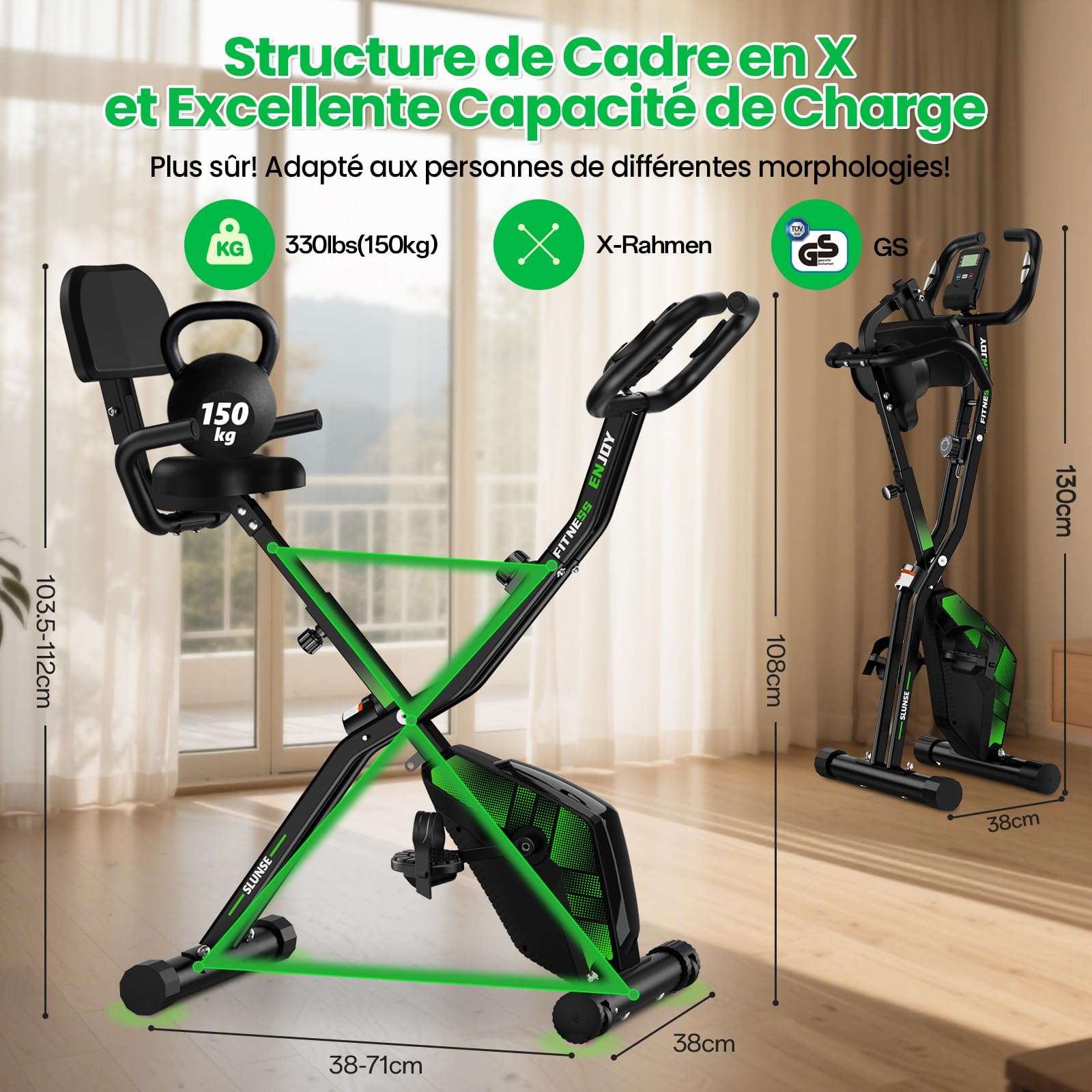 X-Bike Pieghevole da Casa con 10 Livelli di Resistenza, Design 3 in 1 Salvaspazio Cyclette Magnetica Silenziosa, Telaio a X fino a 150 kg, Monitor LCD Multifunzione