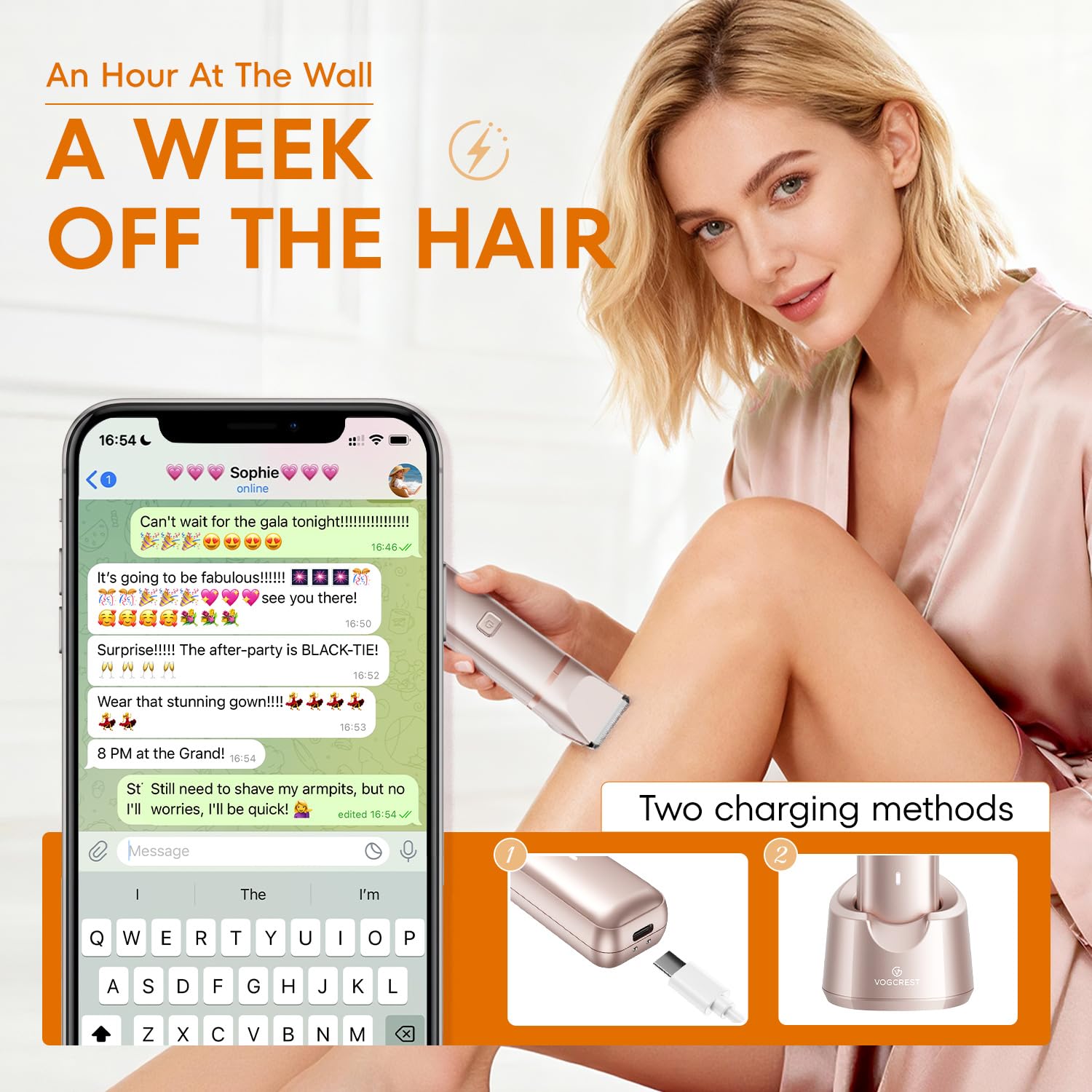 VG VOGCREST Bikini Trimmer für Frauen - 2-in-1 schmerzloser Körperrasierer für Achselbein Arm (Champagner Gold)