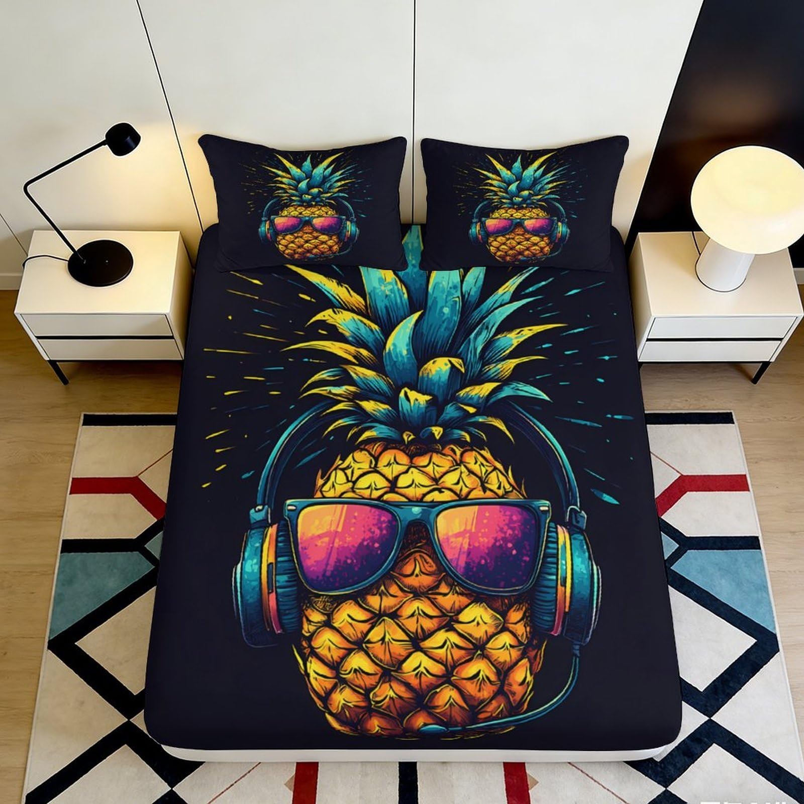Pnayamiorkfel Style-9 3D Printed Pineapple Headphones Fitted Sheet Microfiber Vibrant Bed Cover For Bedroom Guest Room Mattress Protection Decor 90X200x25cm