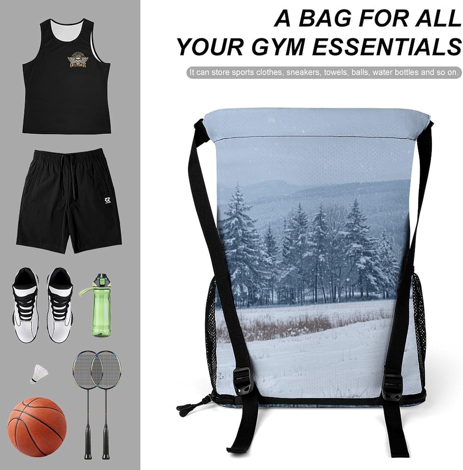 Small Gym Bag Pine Snow Mountain Printed Drawstring Gym Bag for Men Lightweight Waterproof Drawstring Backpack for Women with Shoe Compartment for Travel Tourism Work And Fitness