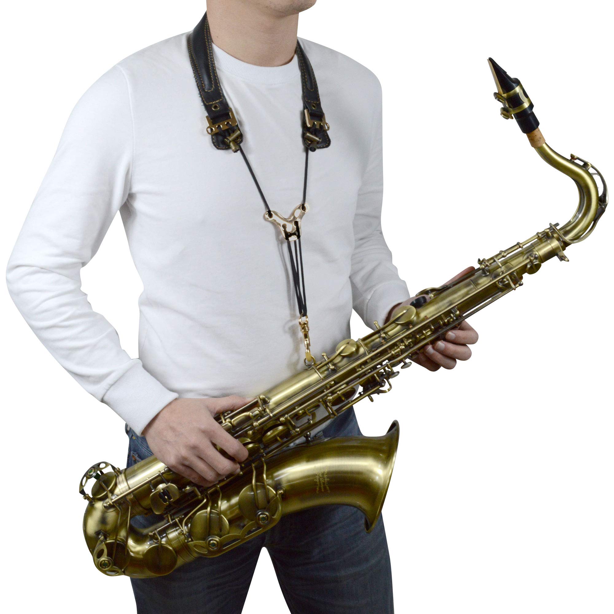 adorence Preminum - Correa para el cuello del saxofón (hecha a mano con piel auténtica, almohadilla transpirable y gancho de metal), diseño ergonómico de correa para saxofón