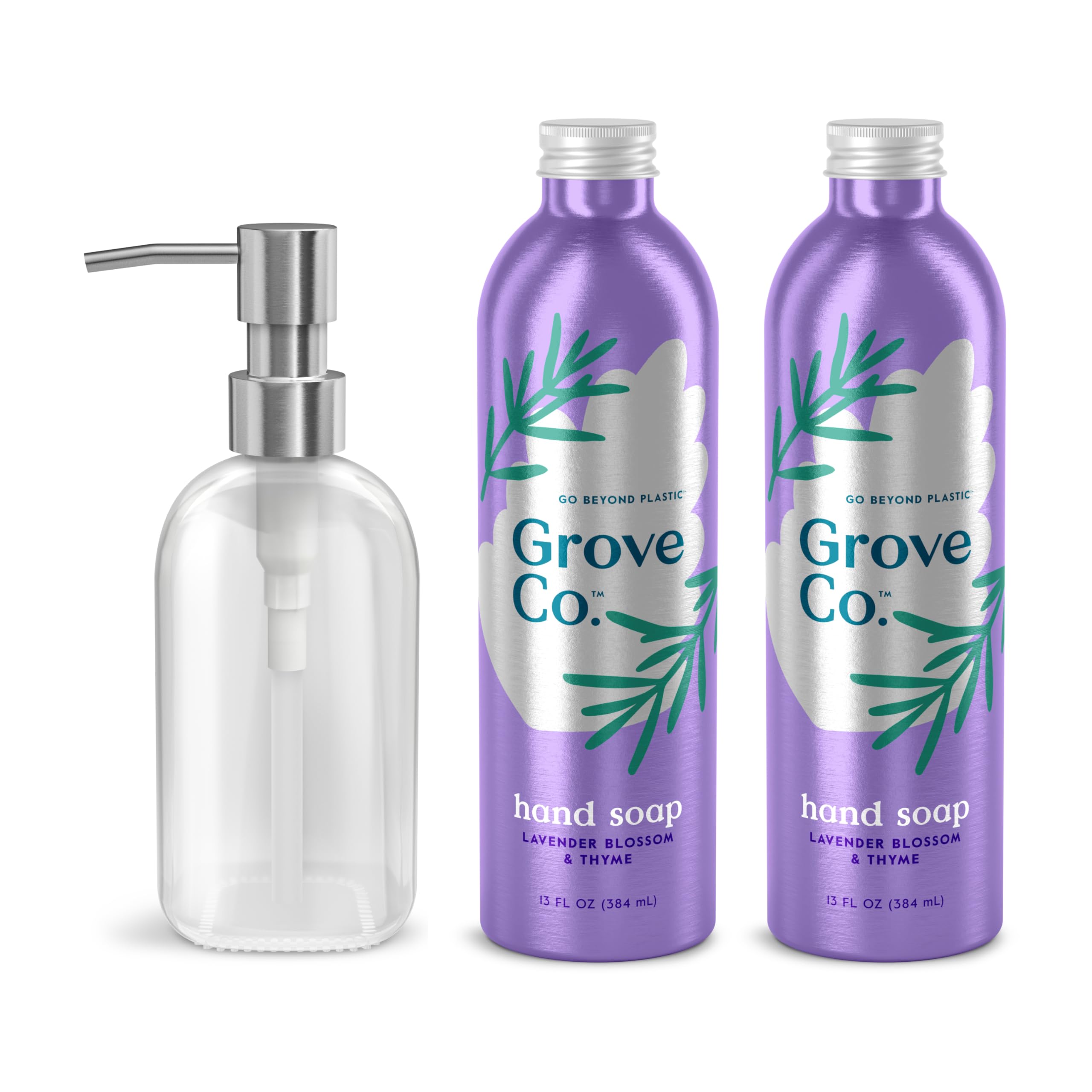 Grove Co. Hydrating Gel Hand Soap Refills (2 x 13 Fl Oz) + 1 x Reusable Glass Soap Dispenser, Plastic-Free & Liquid Refillable Starter Kit, Natural Lavender Blossom & Thyme Fragrance