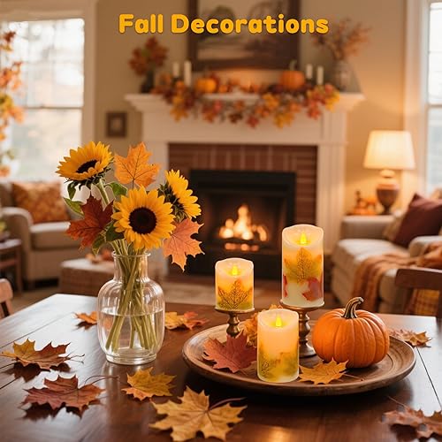 Miniatura 6 de Velas sin llama, juego de 3 velas LED parpadeantes de hoja de arce con control remoto y temporizador, velas LED regulables que funcionan con pilas,