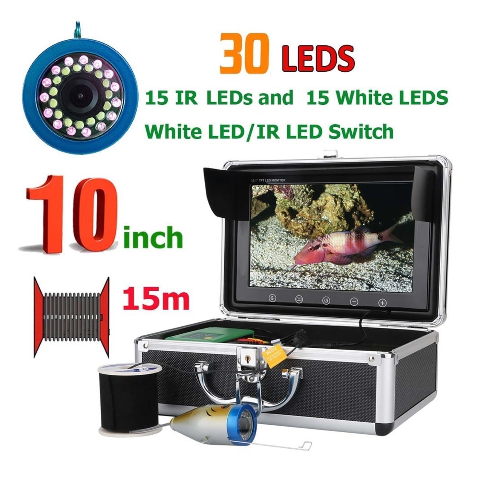 Kamera wędkarska, Wykrywacz ryb Podwodna kamera wędkarska 15 szt. Białe diody LED + 15 szt. Lampa na podczerwień do wędkowania na lodzie/morzu/rzece z 10-calową kamerą 1000TVL