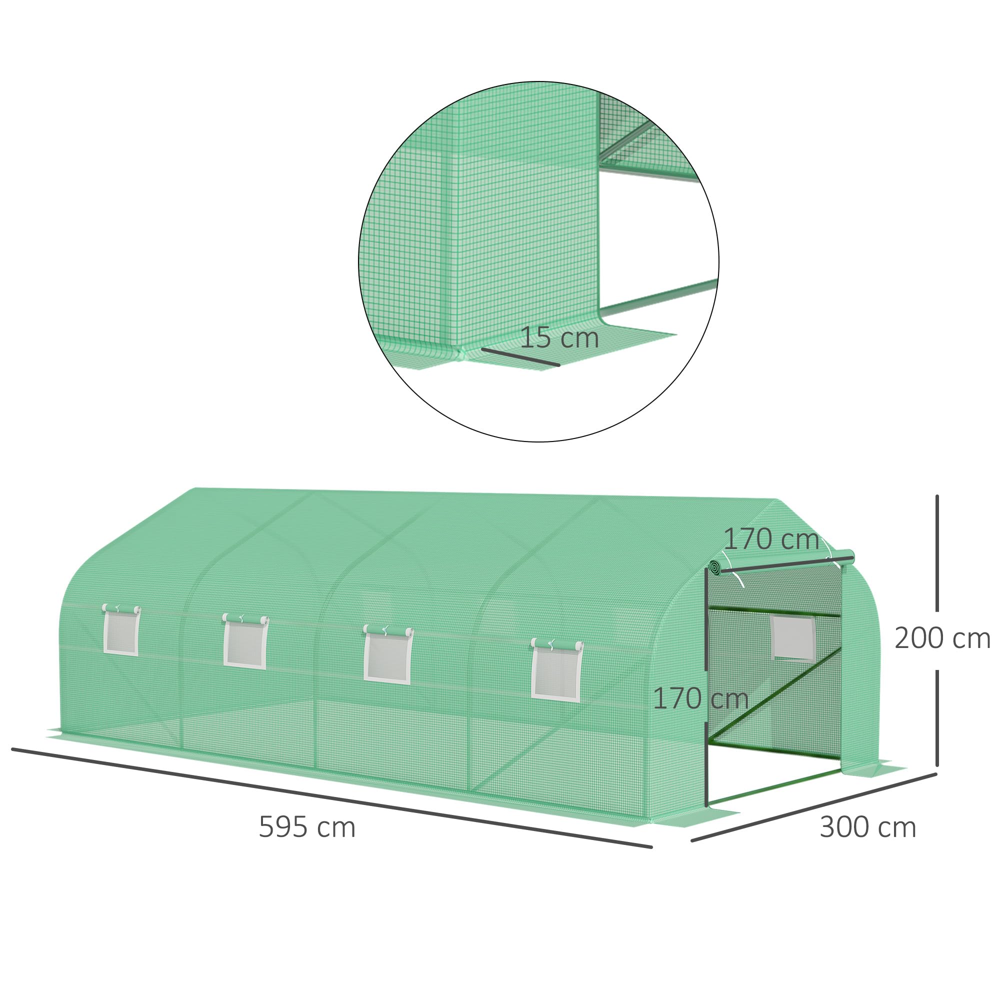 Outsunny Invernadero de Jardín 6x3x2 m Tipo Túnel para Cultivo Plantas Verduras con 8 Ventanas Transpirables y Puerta Enrollable con Cremallera Acero Verde