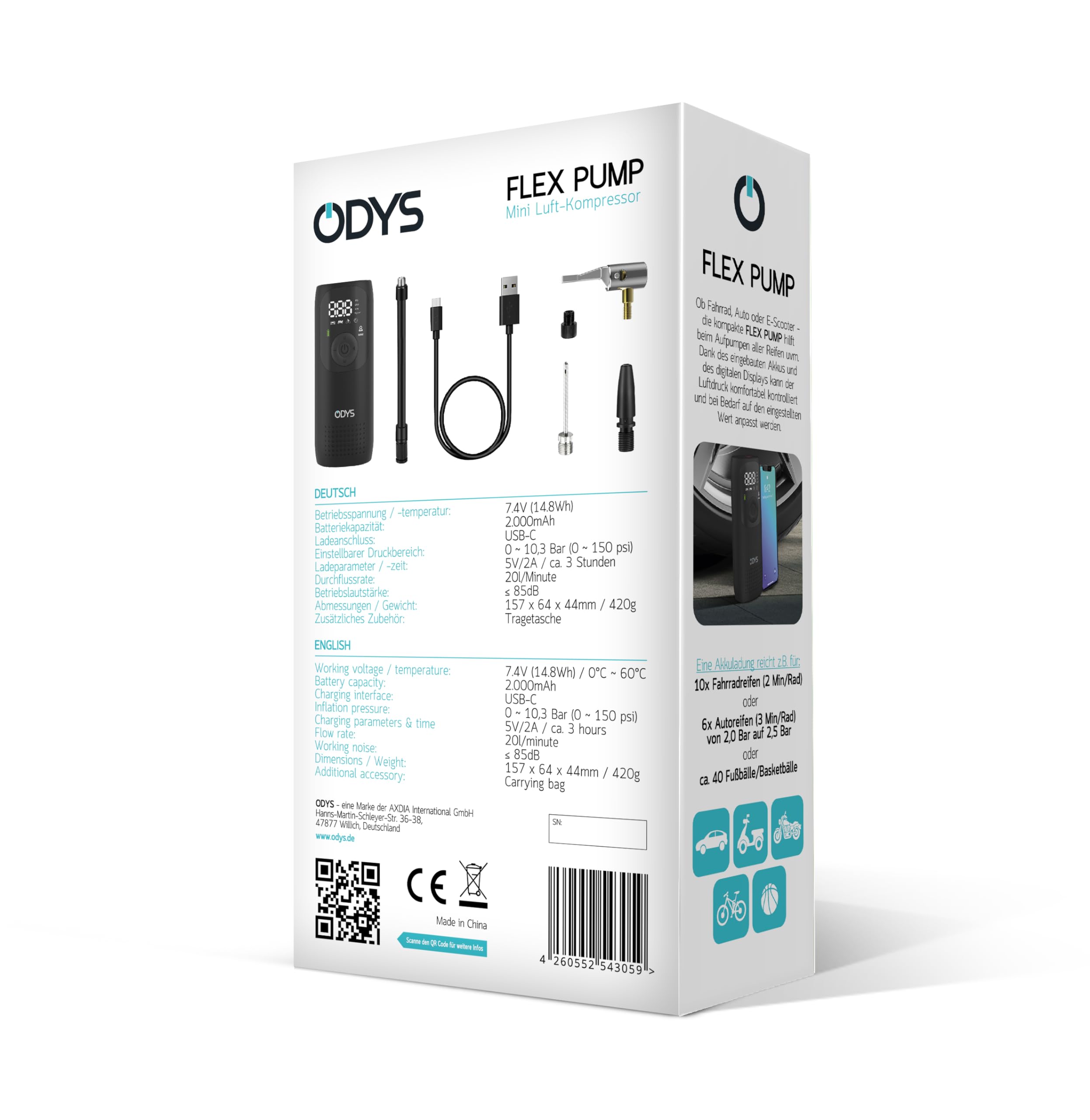 ODYS FlexPump akkubetriebener tragbarer elektrischer Luftkompressor Luftpumpe für Auto, Motorrad, Scooter, Fahrrad, Bälle (0-10Bar/0-150PSI, 2000mAh, Aufladung per USB-C, digitale Anzeige, LED Licht)