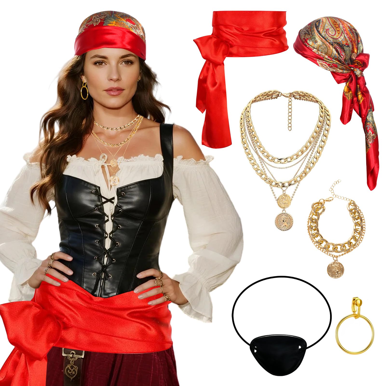 Meriviva Womens Pirate Costume Accessories with Pirate Headscarf Belt Necklaces Bracelet Earring Eye Patch