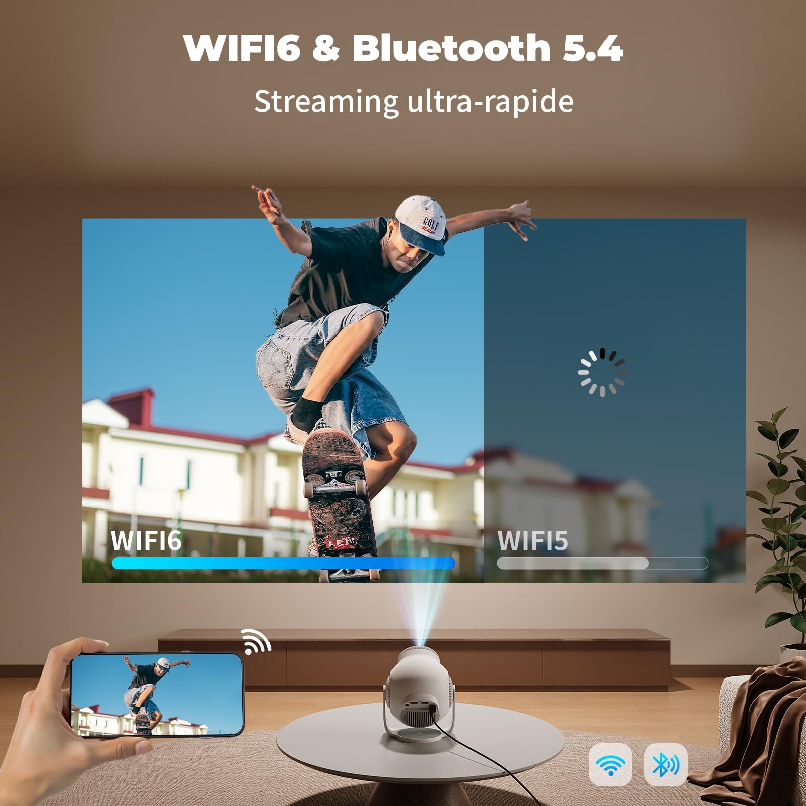 [App intégrée] Mini Projecteur Portable WiFi 6 et Bluetooth 5.4, 480 ANSI Lumens, Vidéoprojecteur 1080P et Décodage 4K, Projecteur Vidéo pour Chambre, Cinéma à Domicile et Extérieur