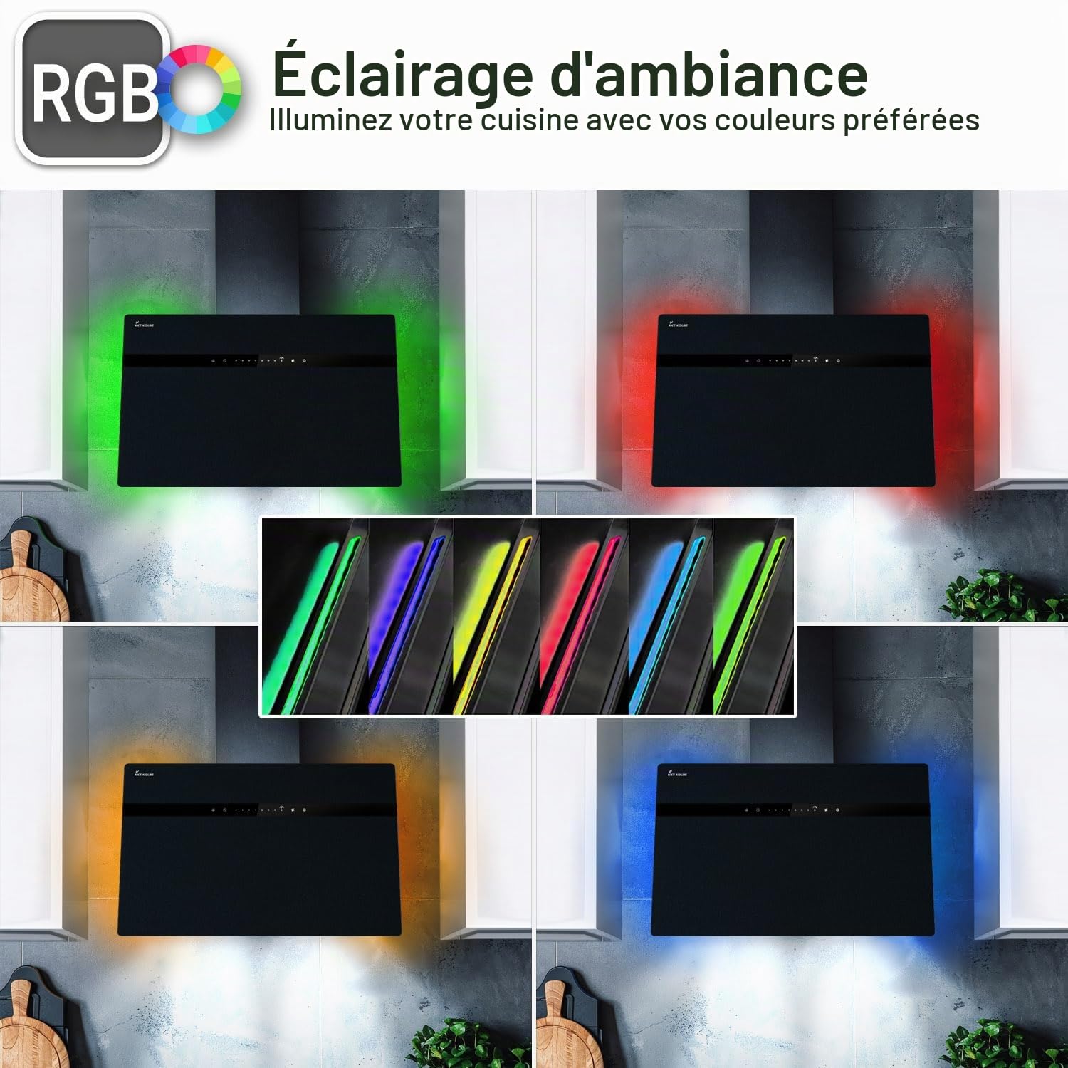 Hotte aspirante cuisine 80 cm | Inclinées | acier inoxydable | verre noir | WiFi | arrête automatiquement | éclairage LED RVB | Opération tactile | STYLE8005SMAO