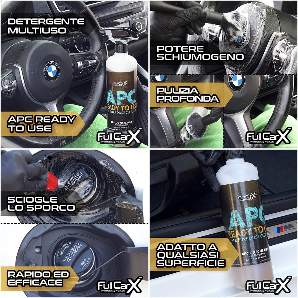 FULLCARX Kit Interno Pulizia Auto, Pulitore Lava Tappezzeria Sedili Tessuto, Lucida Cruscotto e Reinnova Plastiche, APC Pronto per l'Uso, Detergente Vetri Schermi, Prodotti Detailing Professionale
