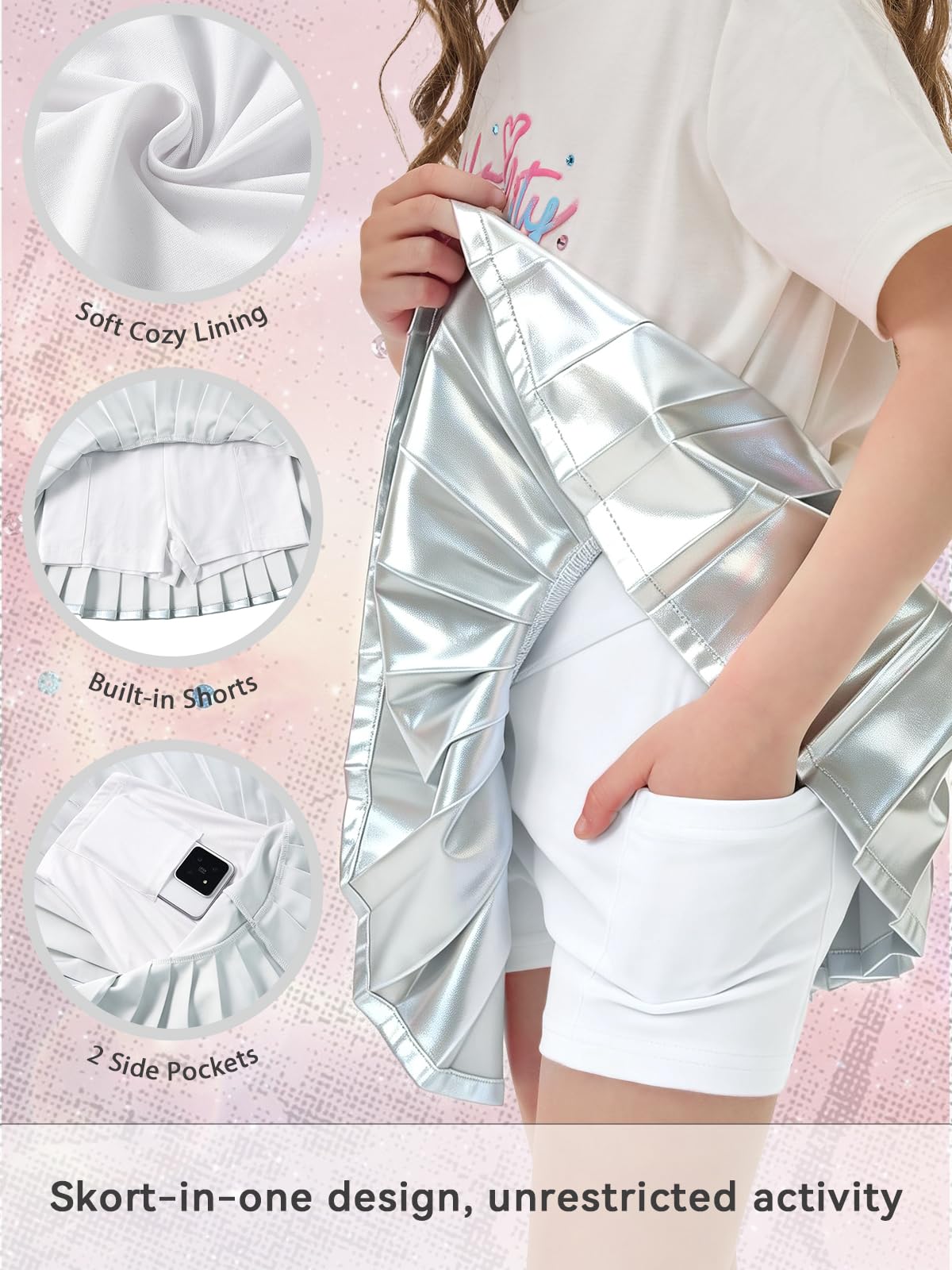Miipat Falda Plisada Metalizada para Niña, Faldas Infantil Brillantes Cintura Alta Elástica Minifaldas Pantalón con Forro y Bolsillo para Baile Tenis Festa