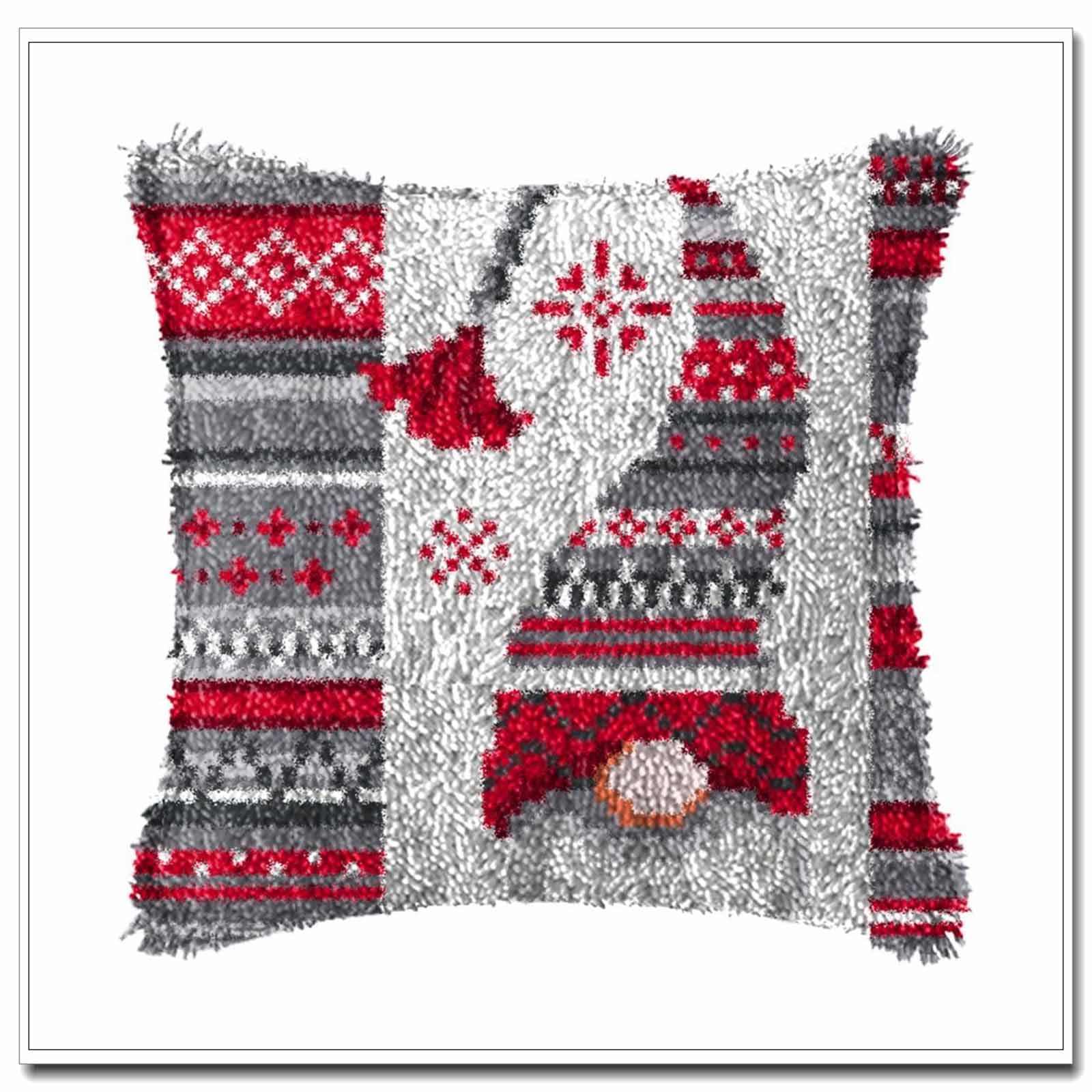 DL-YTG DIY Latch Hook Kits Throw Pillow Christmas Hat Cover Rug Pattern Color Printed Canvas16X16 inch, Crochet Needlework Crafts for Adults