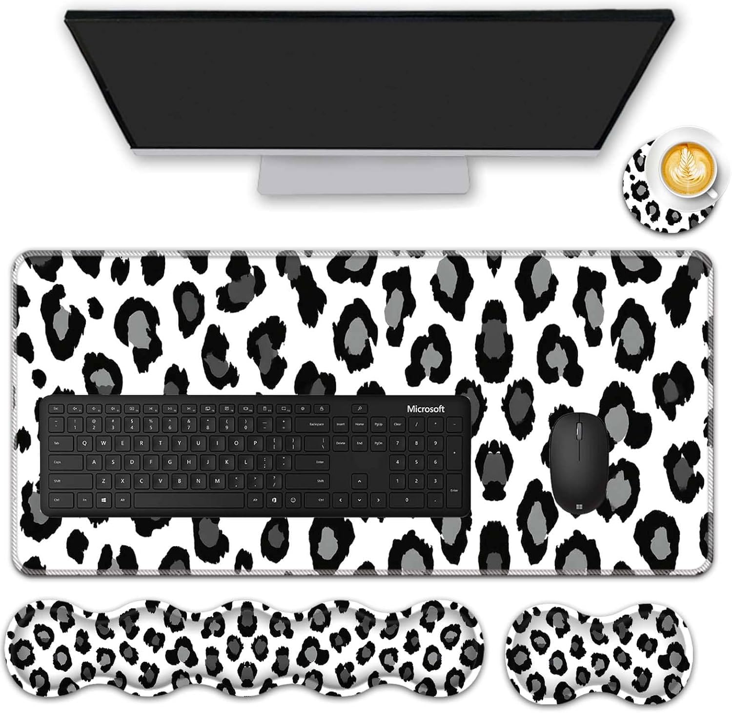 Mouse Pad Set,(31.5×11.8 in) Desk Pad + Keyboard Wrist Rest Support + Mouse Wrist Rest + Coaster for Office,Home,Computer,Laptop - 4 Black and White Leopard Print