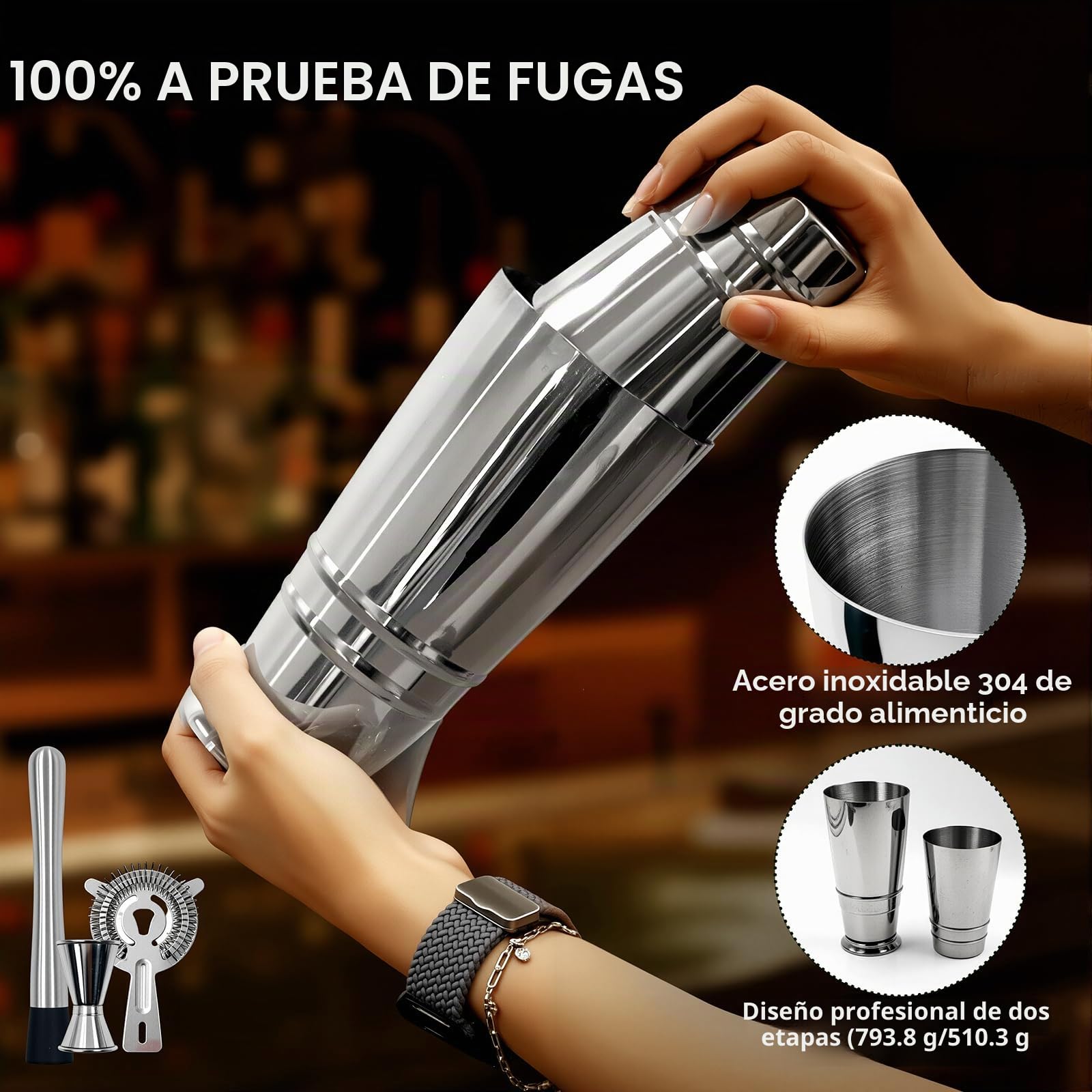 Daily Treasures Kit Profesional para Cócteles con Soporte Bambú y Salero Margarita, 16 Piezas - Shaker Boston 825ml, Accesorios Bar Hogar, Regalo Mixología