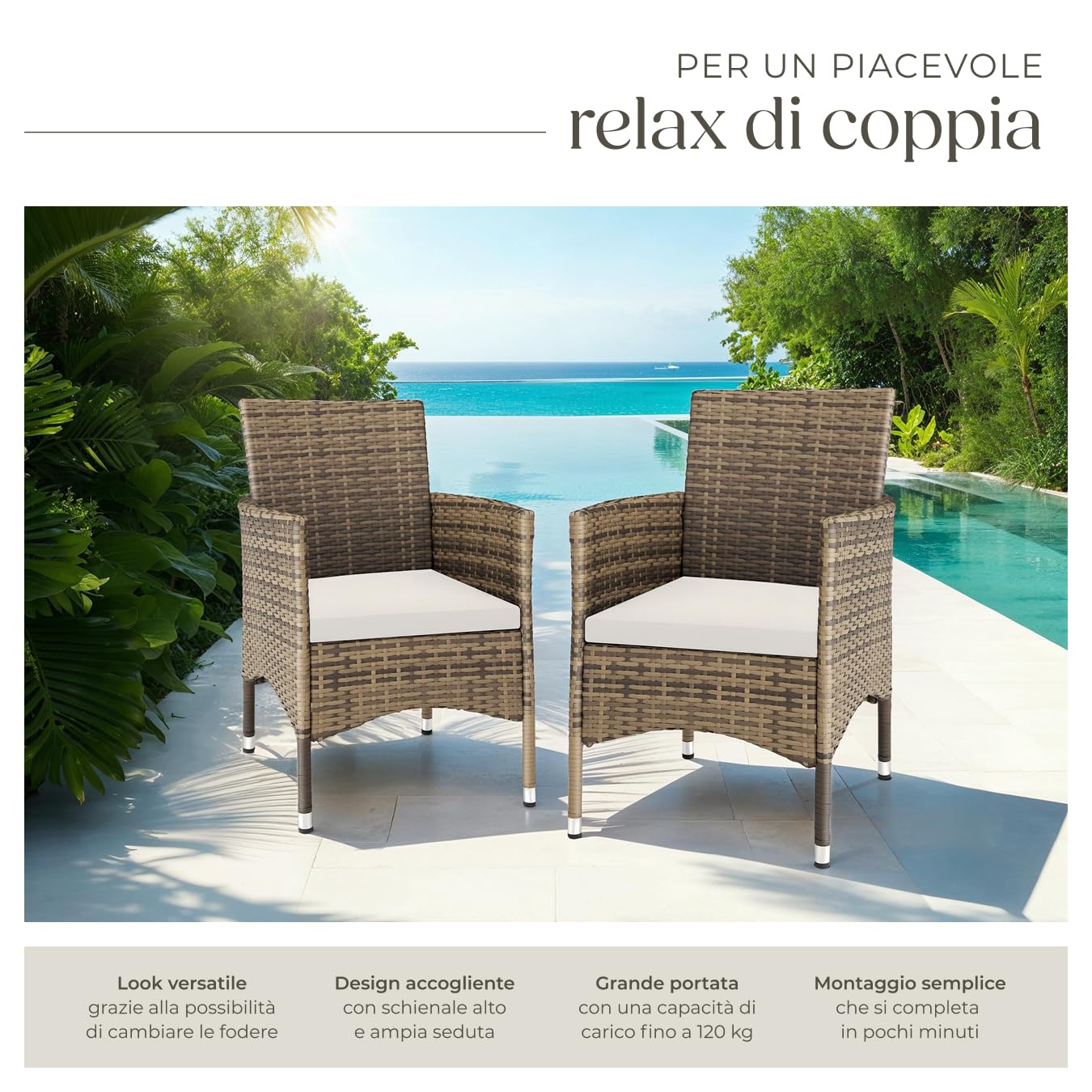 tectake® Set di 2 Sedie da Giardino in Poly Rattan di Alta Qualità, 4 Rivestimenti di Ricambio, Design Moderno con Morbidi Rivestimenti Beige e Grigio, Imbottiture Rimovibili - Naturale/Grigio Scuro