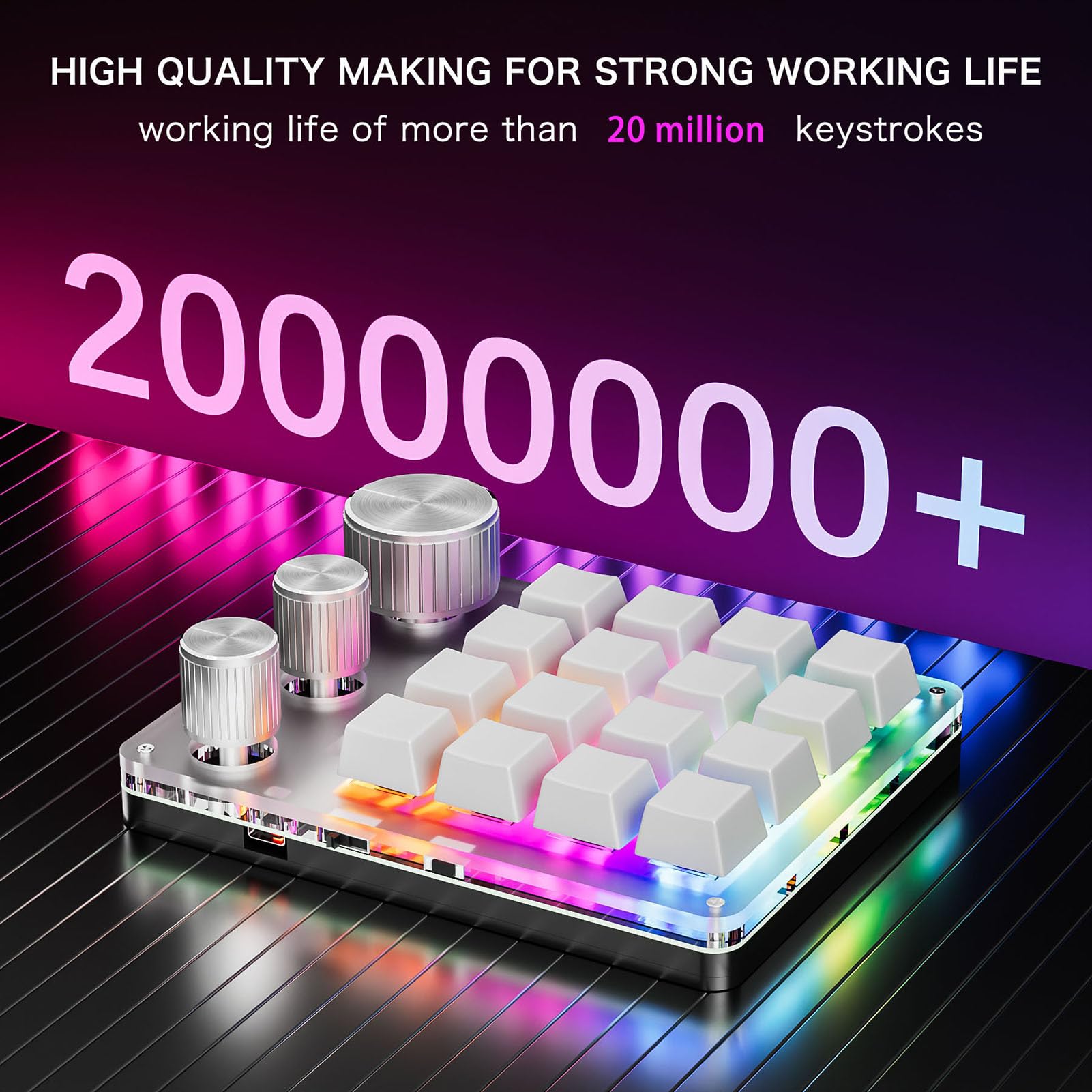 Tosuny Clavier Macro Programmable, Clavier de Jeu Bluetooth 16 Touches avec 3 Boutons et Contrôleur de Volume, Rétroéclairage LED RVB, Macro OSU pour Wins, OS X (avec Câble (White)