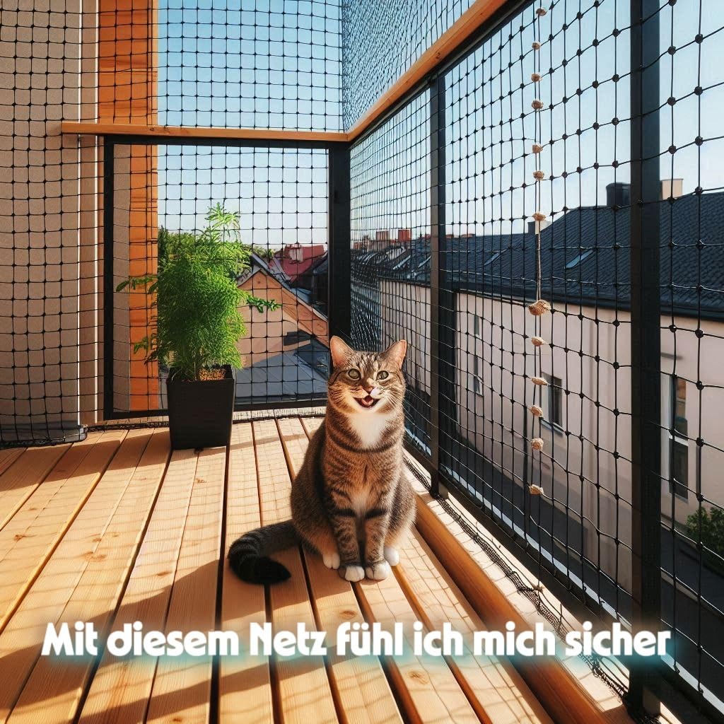 Katzenschutznetz für Balkon, UV-stabilisiert, Schwarz, Polyethylen, 3cm Maschenweite, Reißkraft 35kg pro Faden, Maschinell Verknotet (2m x 8m)