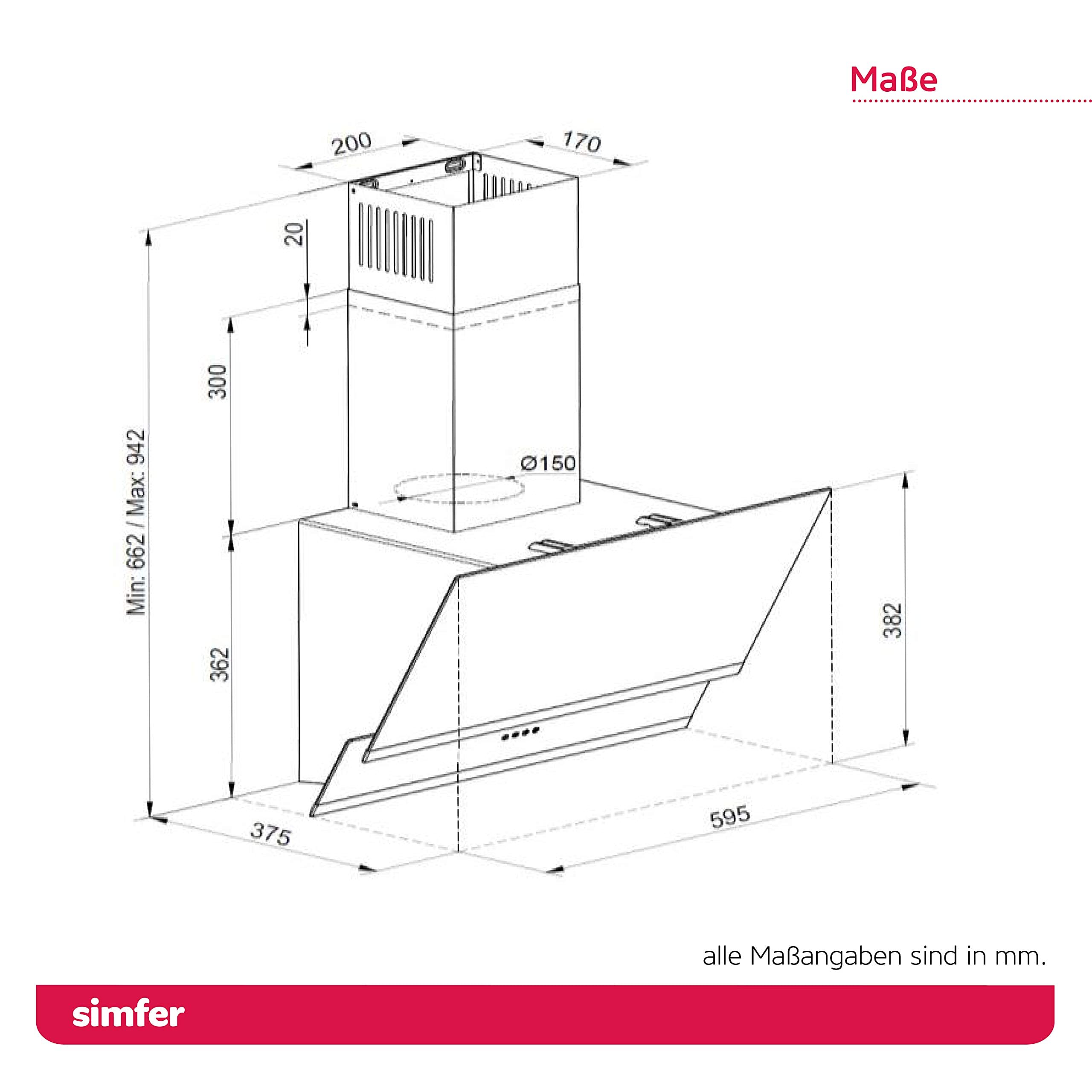 Simfer Dunstabzugshaube Glas CH 5658 | 60 cm | 650 m³ /h | 3 Stufen | Druckknöpfe | Wandhaube | Kaminhaube | Schräghaube | Alu-Filter | 2x LED | Teleskopkamin Schwarz