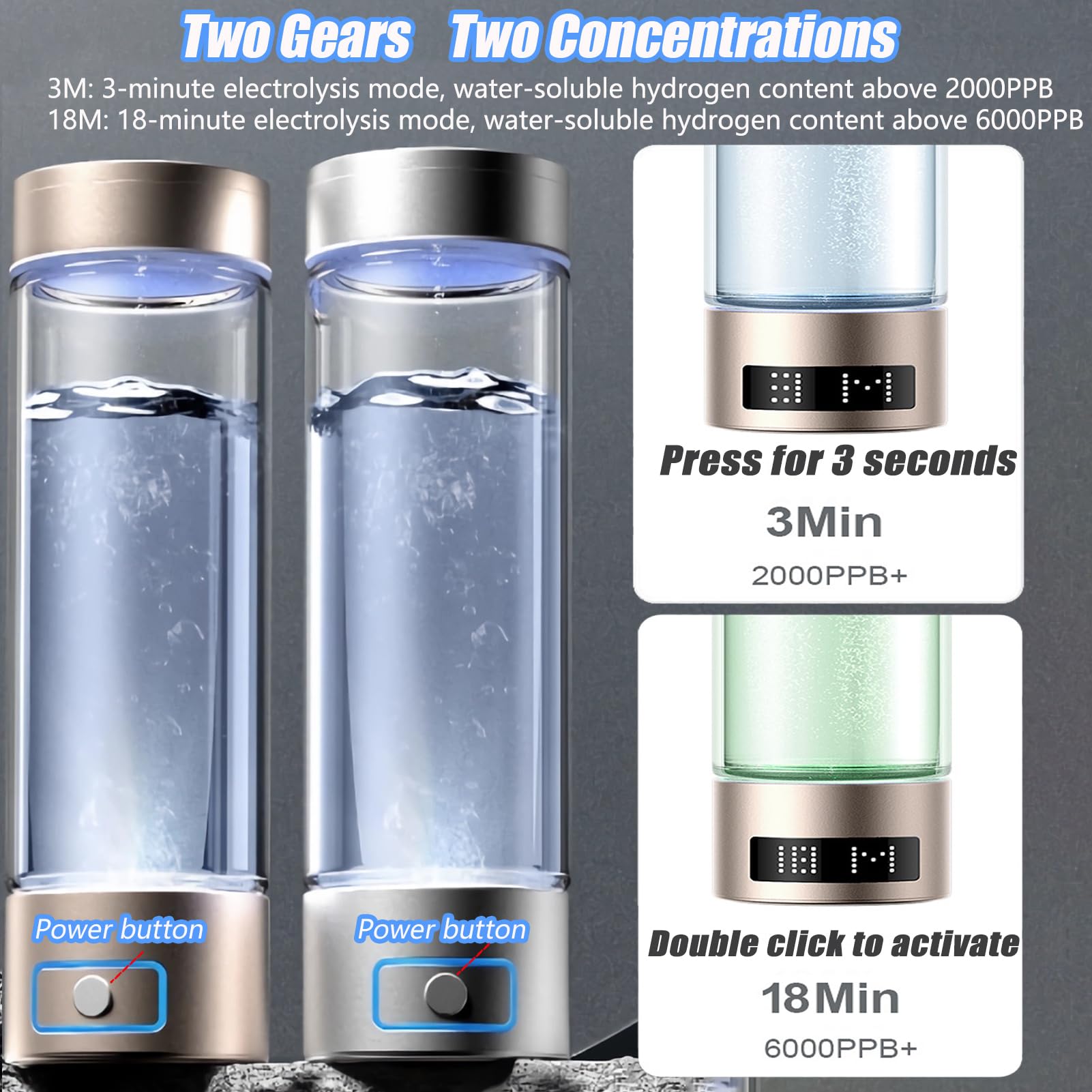 Botella de agua con hidrógeno, máquina ionizadora de agua portátil de carga USB,generador de agua ionizada contenido de hidrógeno ≥6000 ppb(plata,400ML)