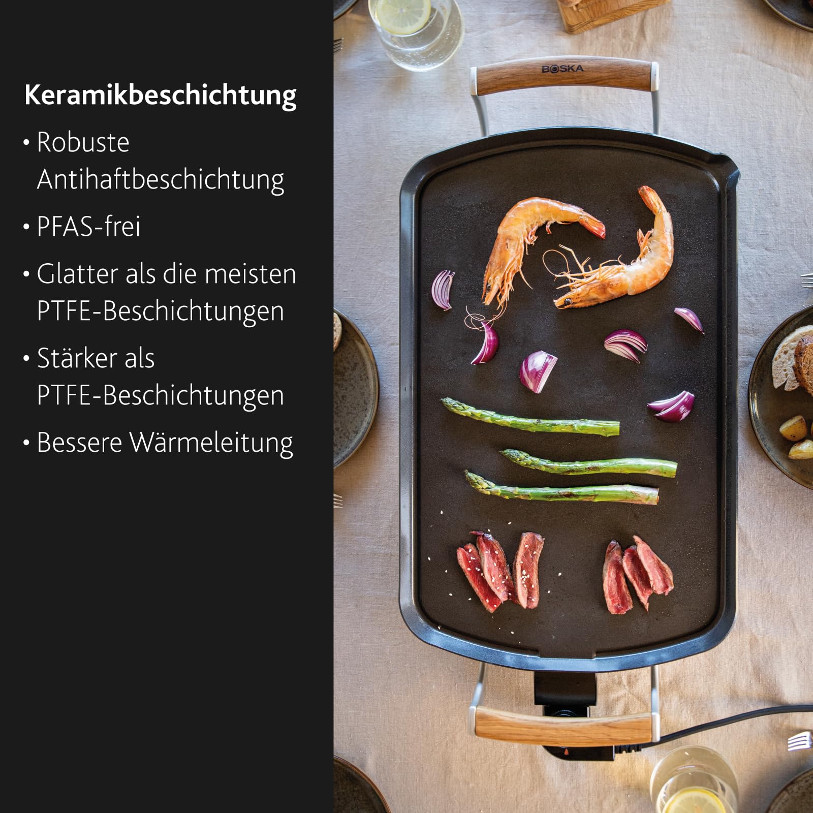 Boska Elektrische Grillplatte Pro – Tischgrills - Teppanyaki-Platte 35x56 cm – PFAS-freie Keramikbeschichtung – Temperaturregelung – Fettablauf – Griffe aus Eichenholz – Schwarz