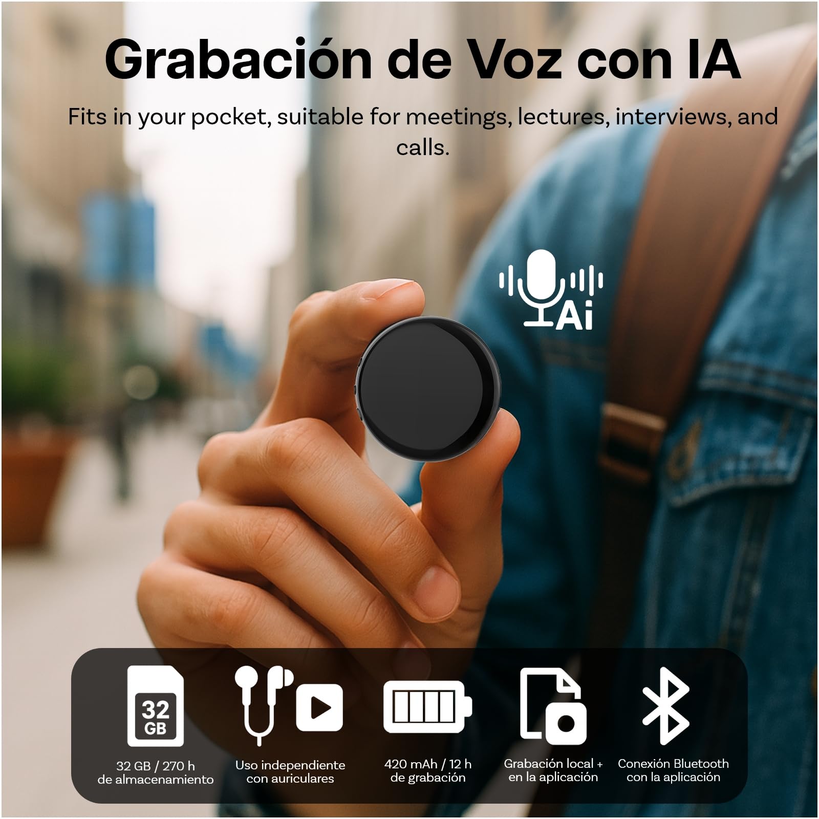 Grabadora de Voz IA 32GB por MMOBIEL – Control por App, Transcripción y Resumen Automático, Traducción en Tiempo Real, Bluetooth y Reproducción con Auriculares para Reuniones, Llamadas y Clases