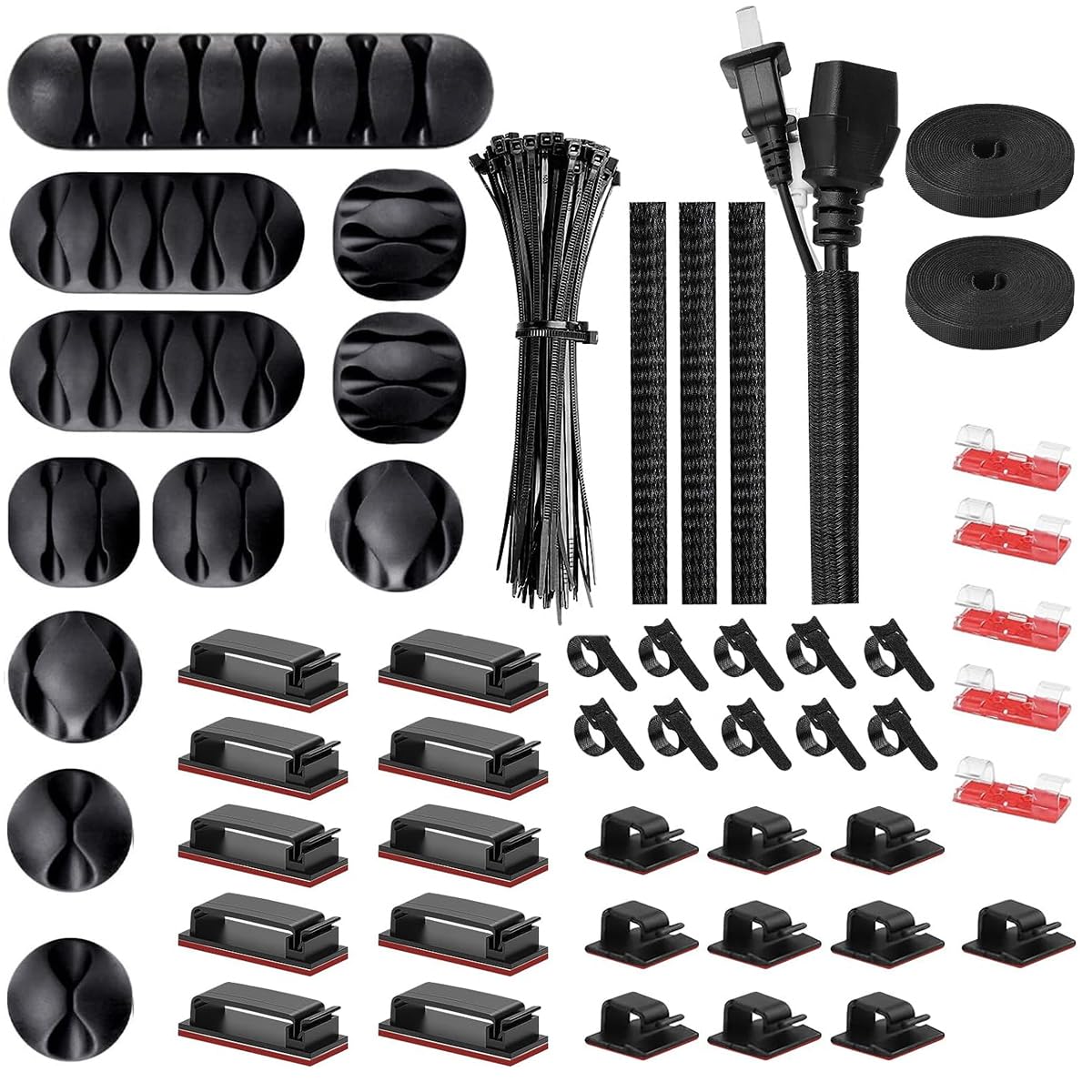 HASTHIP® 152Pcs Cable Management Kit with 4 Cable Sleeve, 11 Silicone Cable Holder 10+2 Roll Cable Organiser Straps 15 Self Adhesive Cable Clips Holder 10 Large Cord Clips & 100 Wire Organizer Ties