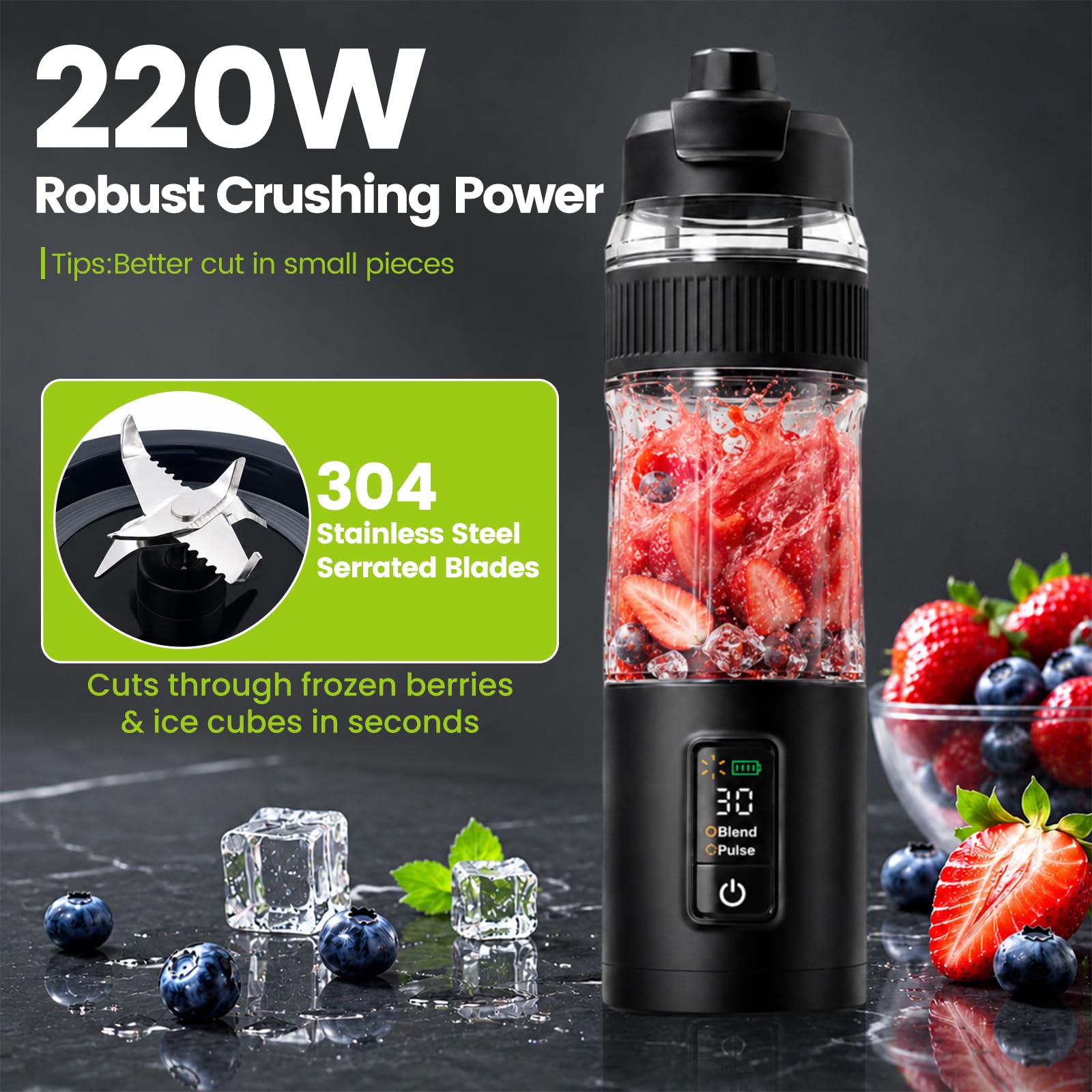 Blender Portable pour Smoothies Shakes Mini Mixeur 600ml | Individuel To Go avec Écran LED, Blender Sans Fil Puissant 220W, Rechargeable Type-C 12V pour Voyage Sport Bureau Noir