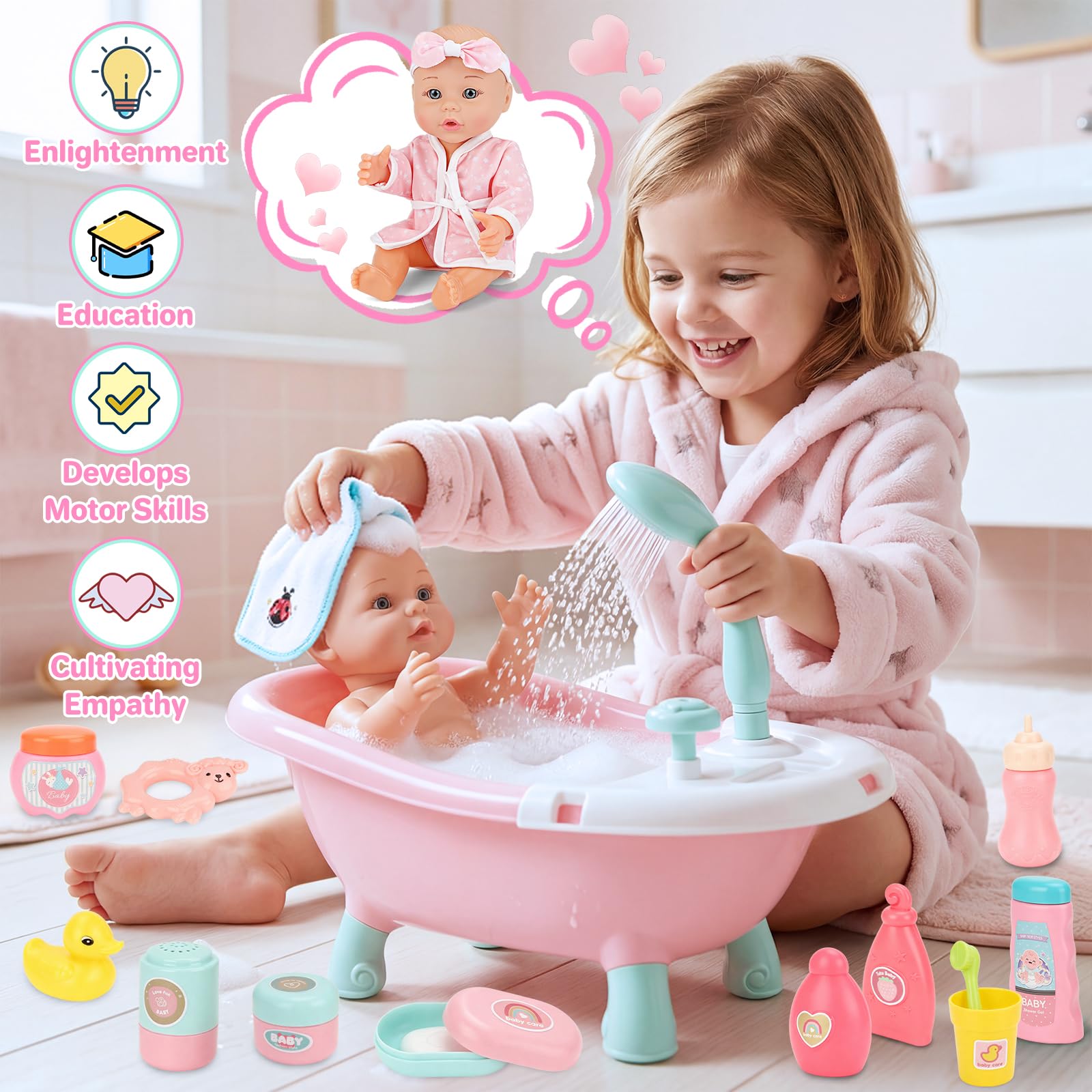 deAO Bambola con Vasca da Bagno, Vasca Doccia Funzionante | Set di Bagno Bambola, 30cm Bambolotto Bambina con Accessori Igiene e Vestiti, Regalo Compleanno Natale per Bambine 3+ Anni