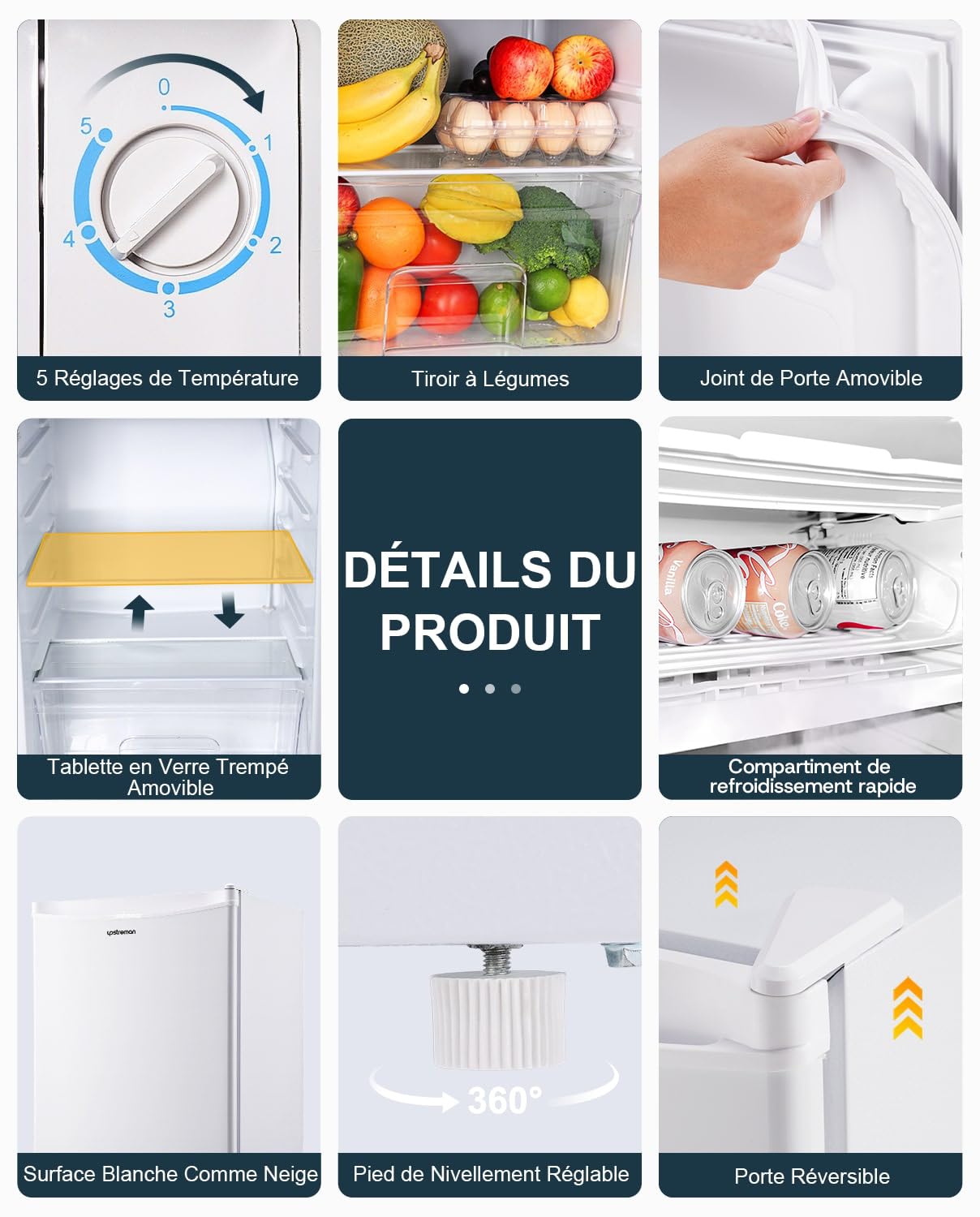 Upstreman Réfrigérateur 91L avec Congélateur, Bac à Légumes, Thermostat Réglable, Silencieux, Porte Réversible, Blanc - BR321