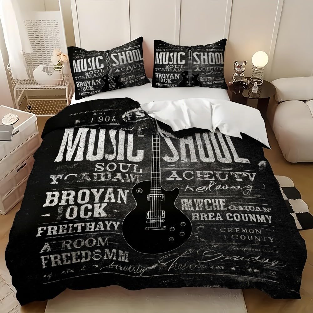 3D Funda nórdica 240x220 cm Tema De MúSica Retro Funda nórdica con Cremallera, 3 Piezas Negro Ropa de Cama de Microfibra Cama 150cm Ultra Suave para niños Adolescentes y Adulto