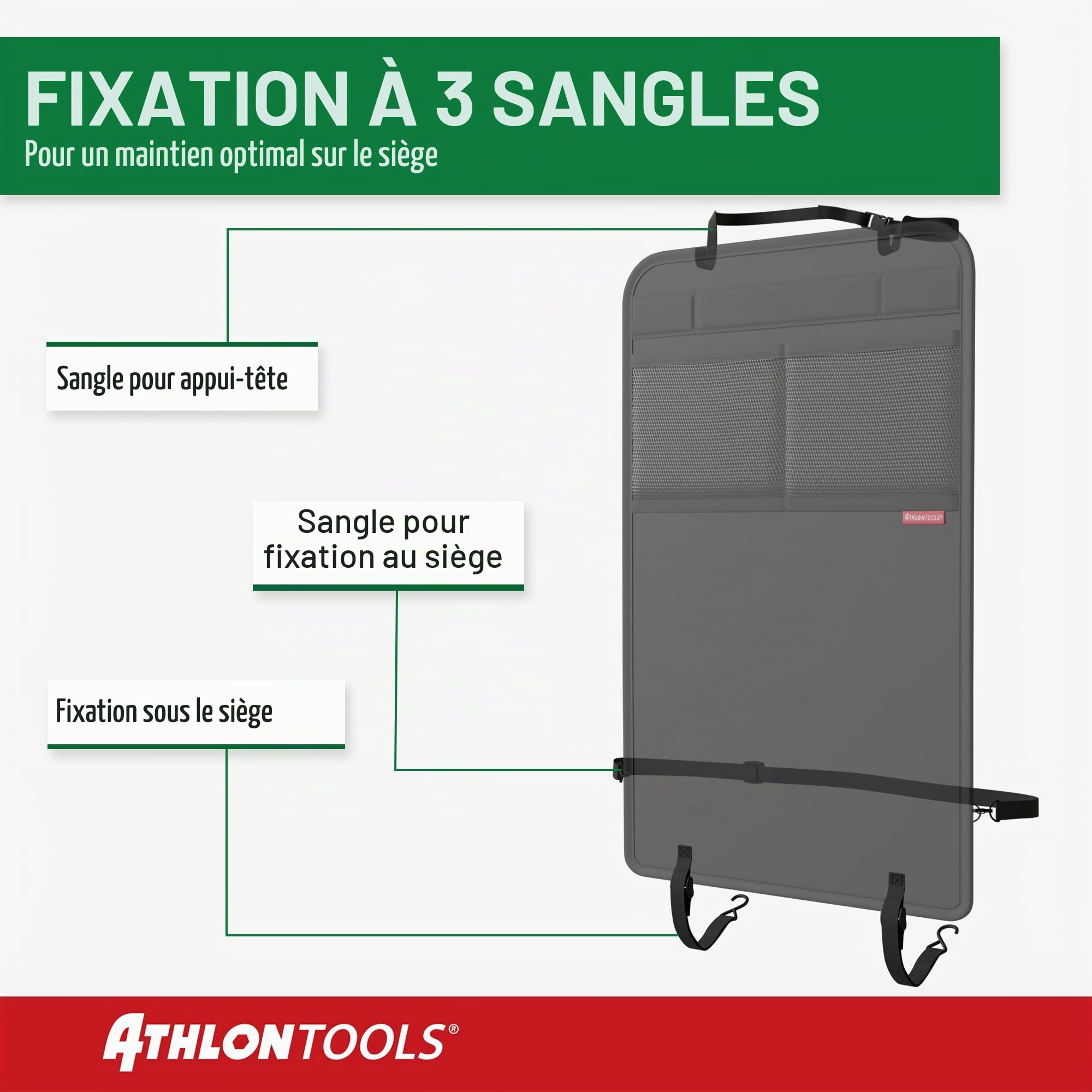 ATHLON TOOLS Protège-Dossier de Siège Auto avec Poches de Rangement en Maille - Kick Mat Renforcé et Imperméable - Résistant à la Saleté - Facile d'entretien - Universel pour Voiture