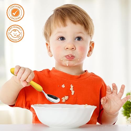 Miniatura 6 de Lehoo Castle Tenedor y cuchara para niños, 6 utensilios para niños pequeños, juego de cuchara de tenedor de acero inoxidable de seguridad, juego de