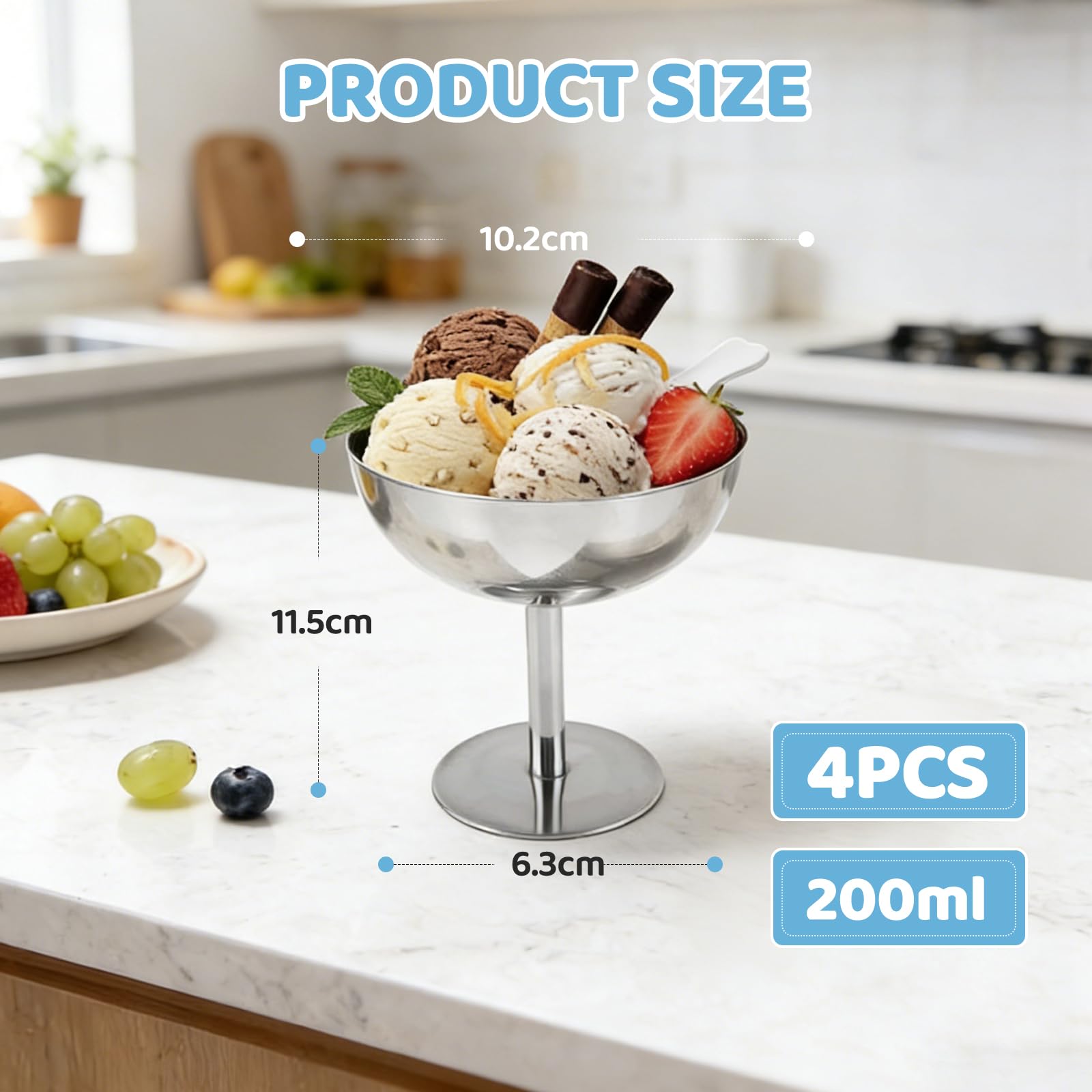 4 vasos para helados de 10,2 cm de diámetro, 200 ml, de acero inoxidable, para postres, cócteles, postres con pie, para frutas, ensaladas, yogur, para bodas, fiestas (all)