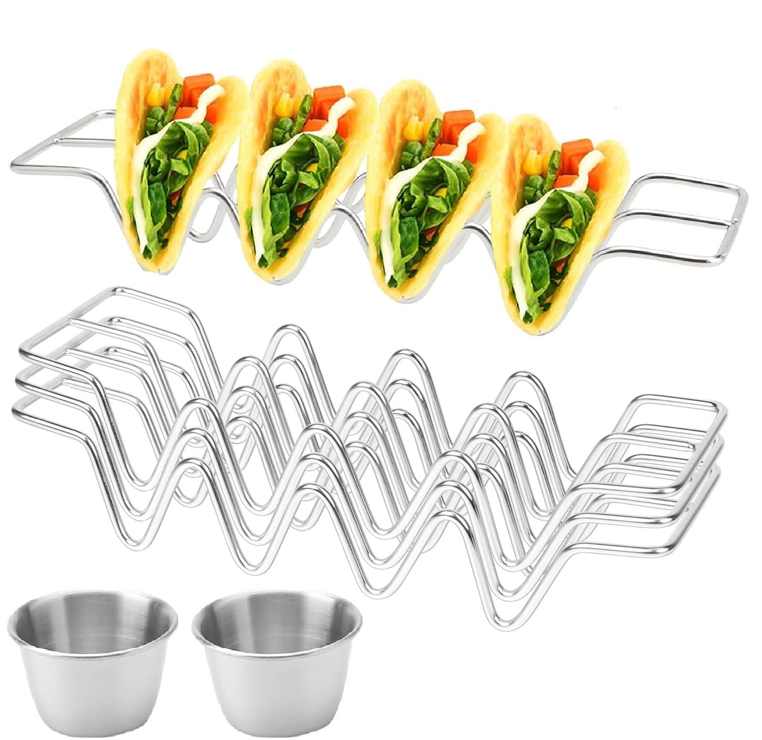 3 Stück Taco Halter Mexikanisches mit 2 Pcs Saucenbecher aus 70 ml, Taco Halter Ständer, Taco Ständer Edelstahl, Hotdog Halter, Wellenform Food Ständer für Halten Tacos für Familien Partys