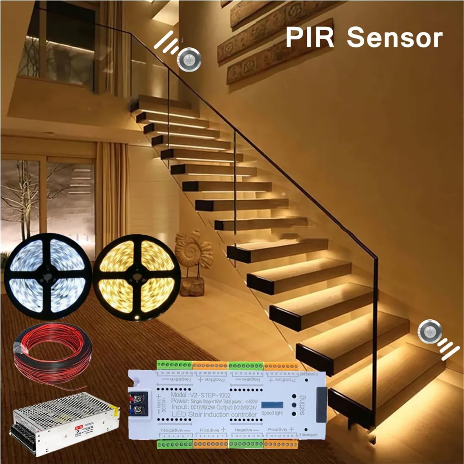 Tira de luces LED con Sensor movimiento PIR for escaleras, cinta lámpara SMD 5050 12V, controlador pasos escalera 32 canales, fuente alimentación y cable conexión(Stair Controller)