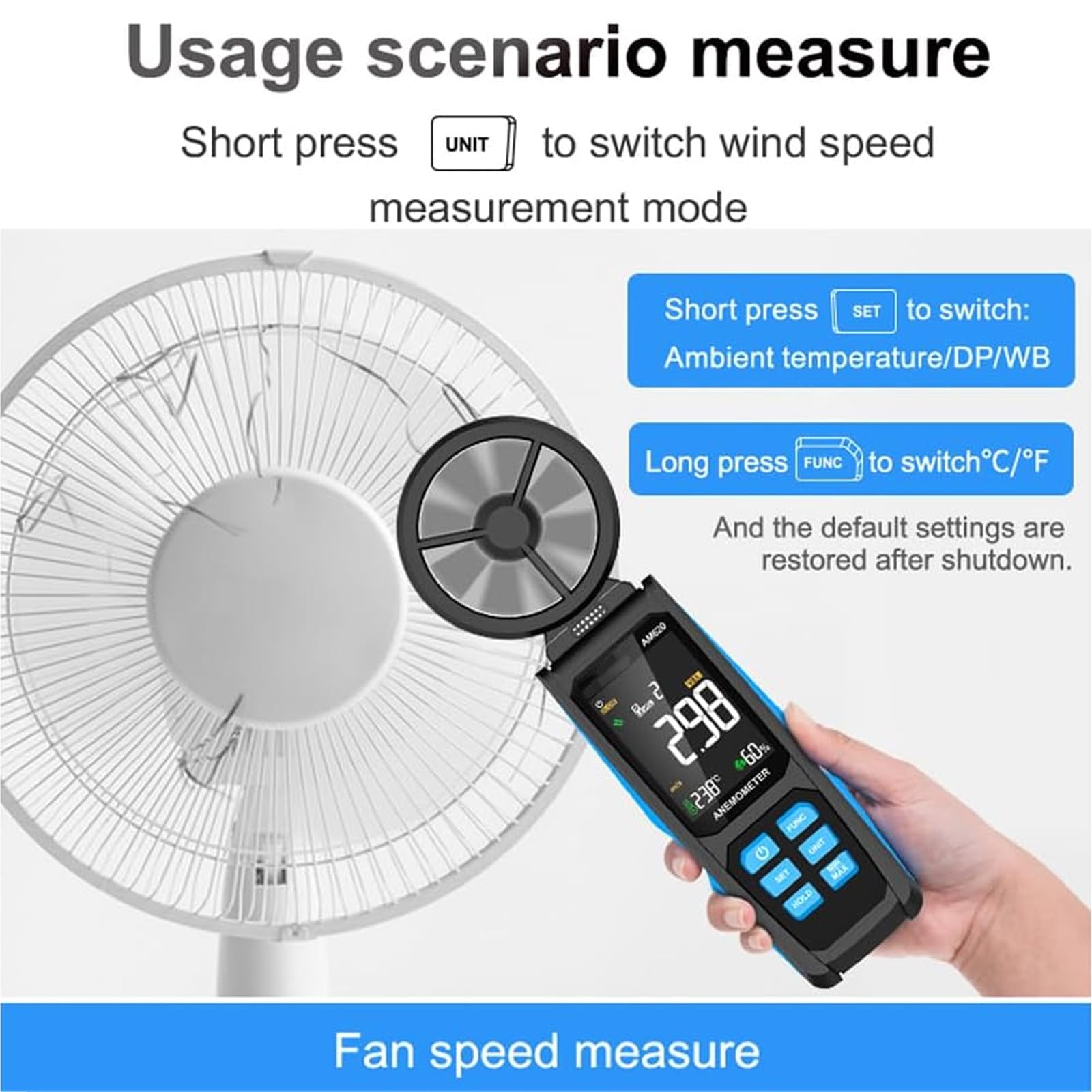 Anemometro portatile, misuratore digitale della velocità del vento con retroilluminazione a LED, ventola a 8 pale e doppio cuscinetto, per misurare velocità del vento, flusso d'aria, temperatura