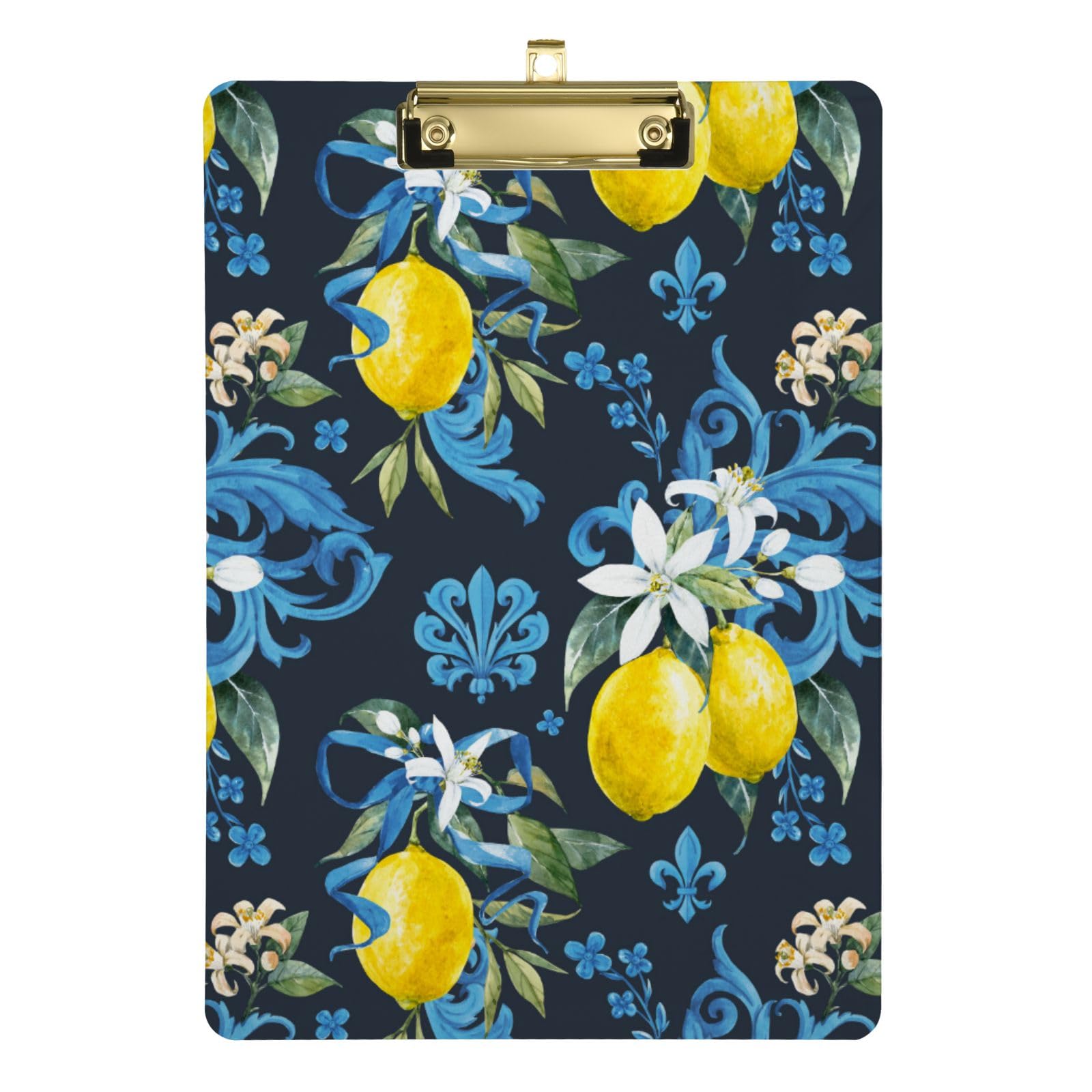 Sicilian Style Blue Flowers Lemons Acrylic Clipboards Portable Clipboard Paperboard Chic Design Clipboard with Low Profile Metal Clip for Students, Women, Man, 12.5" x 9", Gold Clip