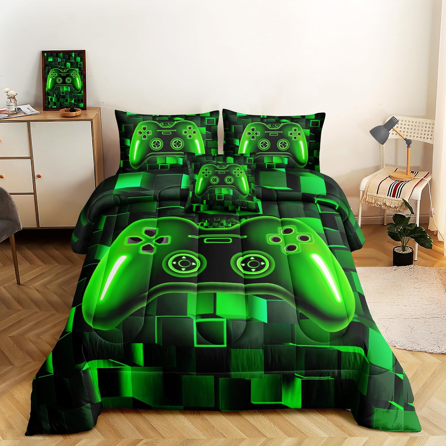 ROWADALO 6 Pieces Bed in A Bag Gamer Bedding Set for Boys Kids Adult Gaming Comforters Set,Boys Bed in A Bag Set Queen Size Comforter with Fitted Shee Flat Sheet Pillowcase pillowsham,DJT-FX556-Queen